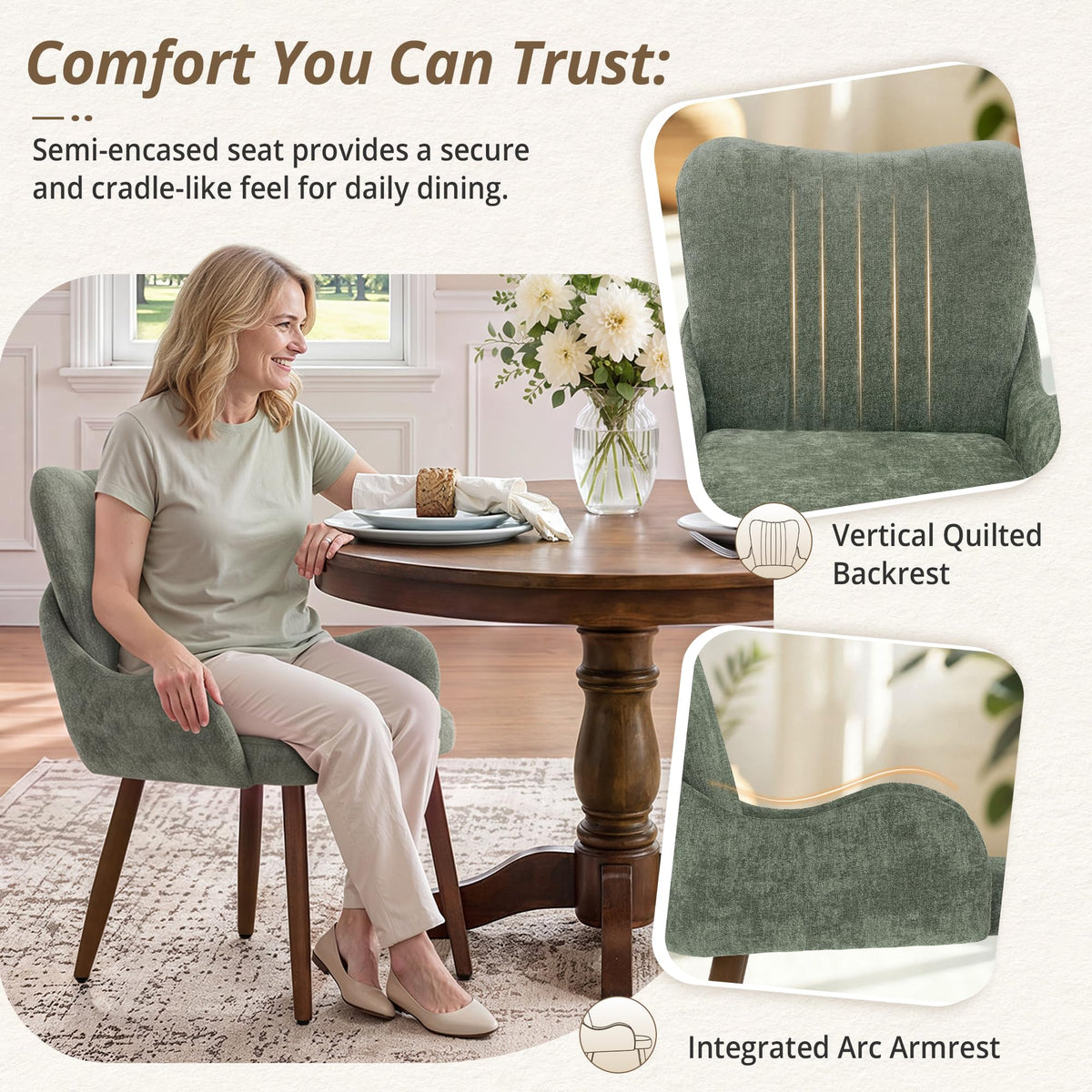 LUE BONA Wingback Upholstered Dining Chair with Arms, Green