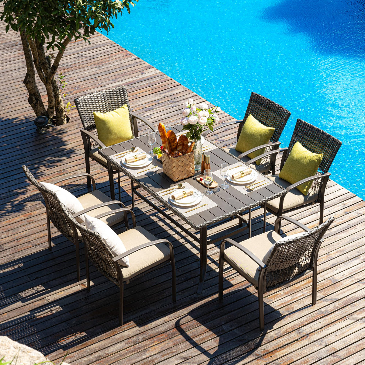 Pamapic 8504 Patio Dining 7 Piece, Outdoor Wicker Furniture Set for Backyard Garden Deck Poolside/Iron Slats Table Top, Removable Cushions, 7 Pack, Beige