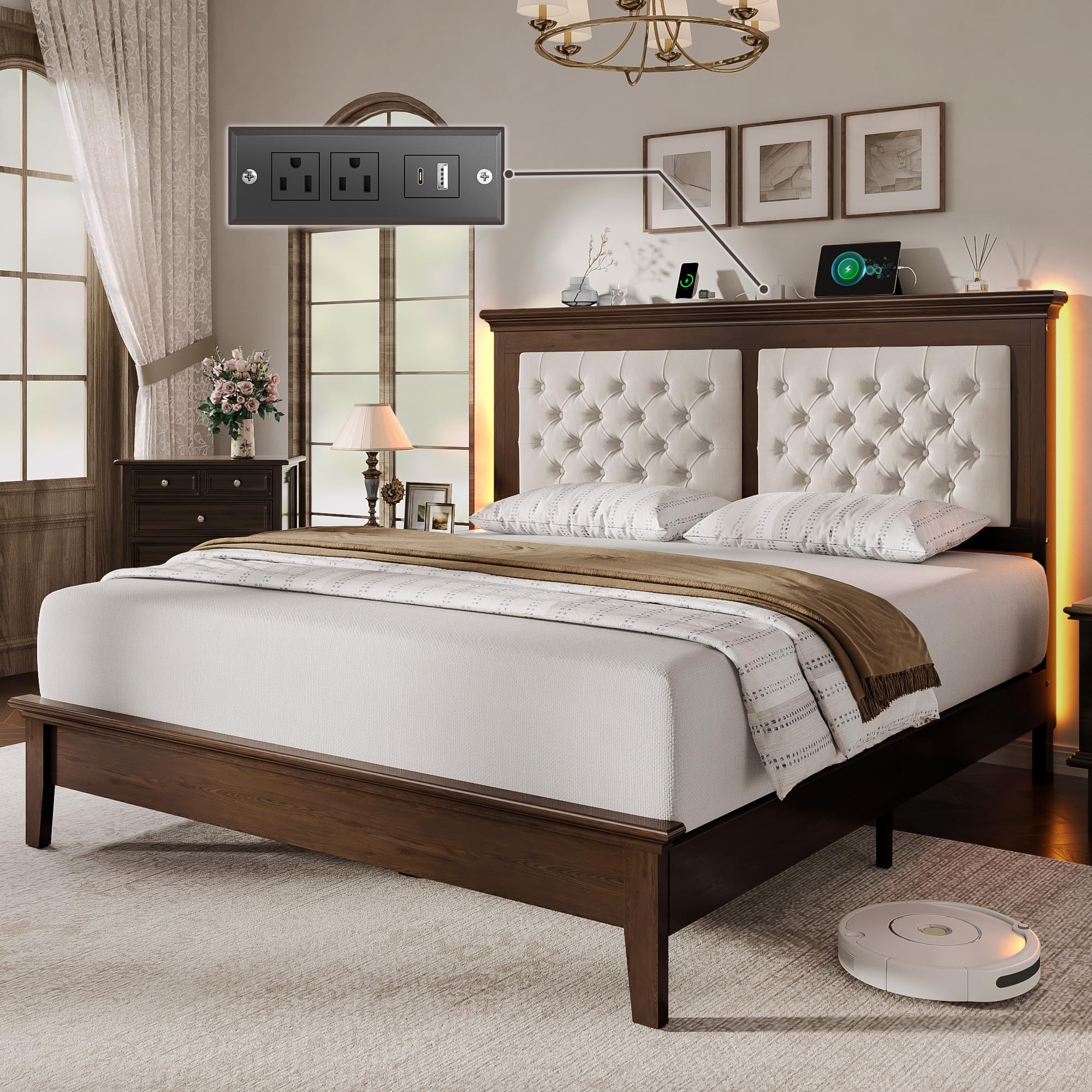 Lifezone Solid Wood Queen Size Bed Frame 41.5” Tall Diamond-Tufted Upholstered Headboard, American Classic Flat-Top Bed, Stable Structure, Wood Slats Support, Noise-Free, No Box Spring Needed, Walnut