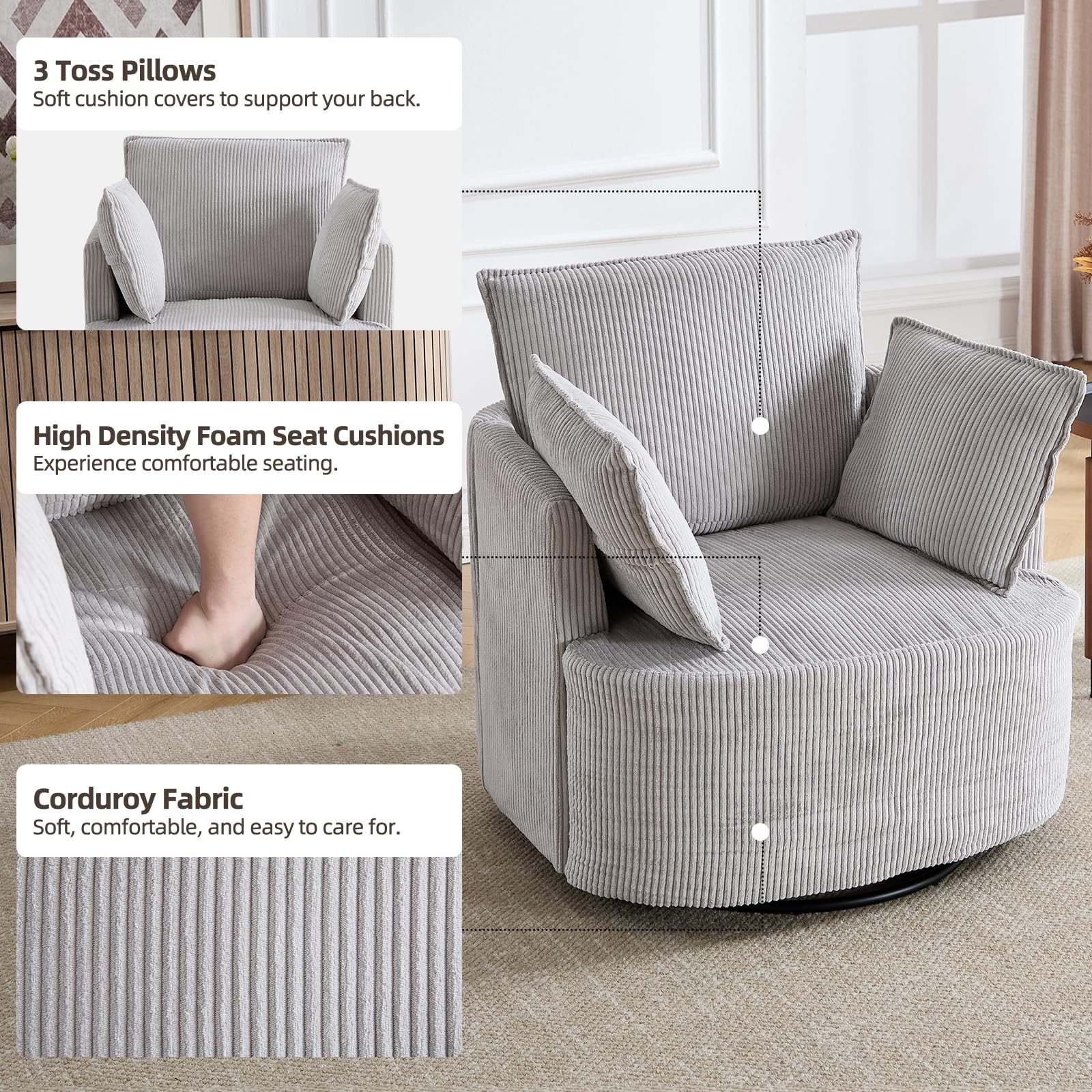 360° Swivel Barrel Chair with Corduroy Upholstery & 3 Pillows