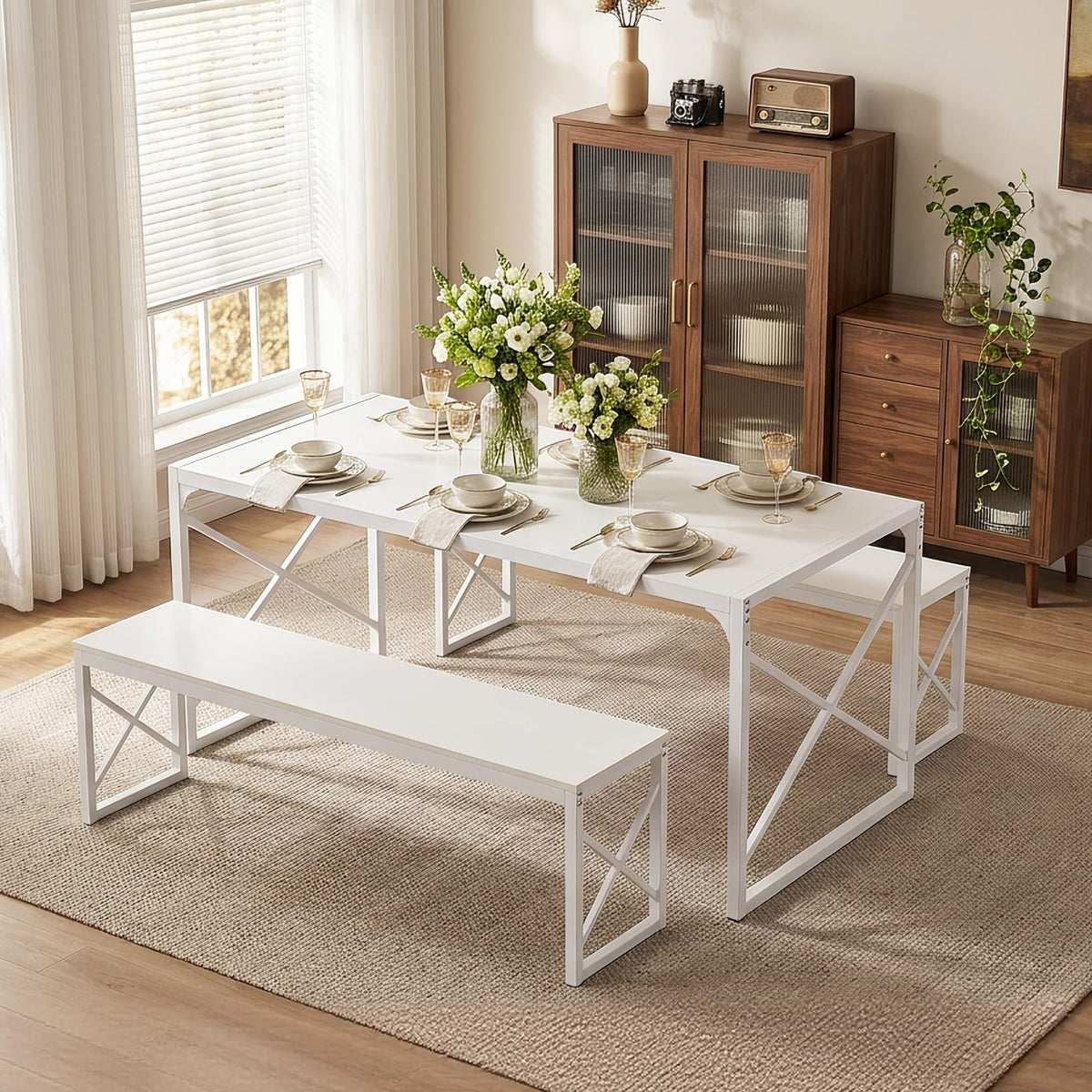 White Dining Table Set with Benches