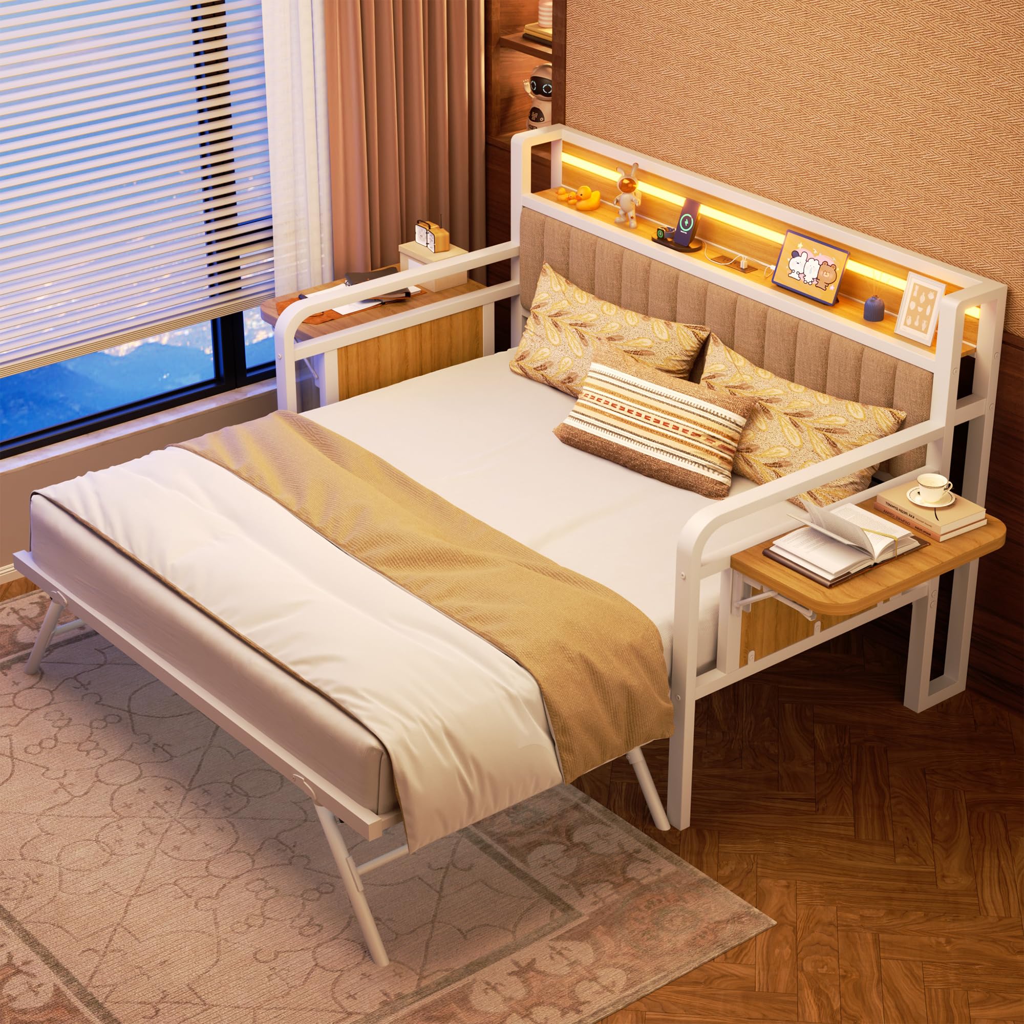 Daybed with Trundle and LED Light, Heavy Duty Metal Twin Bed Frame with Upholstered Storage Headboard & Charging Station, Day Bed Pop Up Trundle Bed Twin for Living Room,Bedroom and Guest Room, White