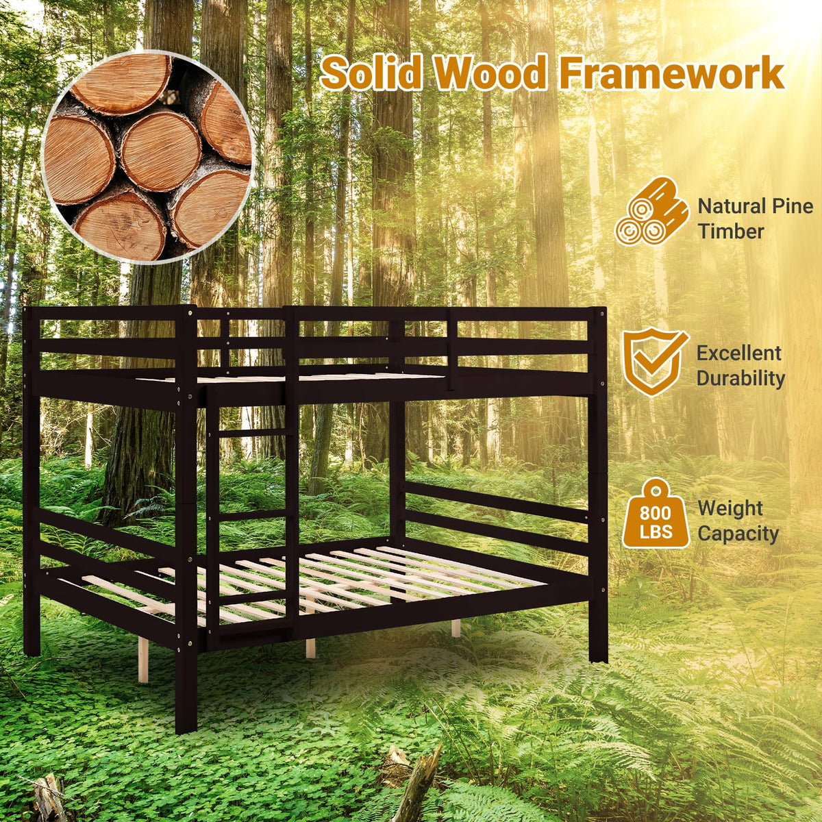 Kiivakii Full Over Full Bunk Bed with Thick Posts, Wood Bunkbed, Espresso