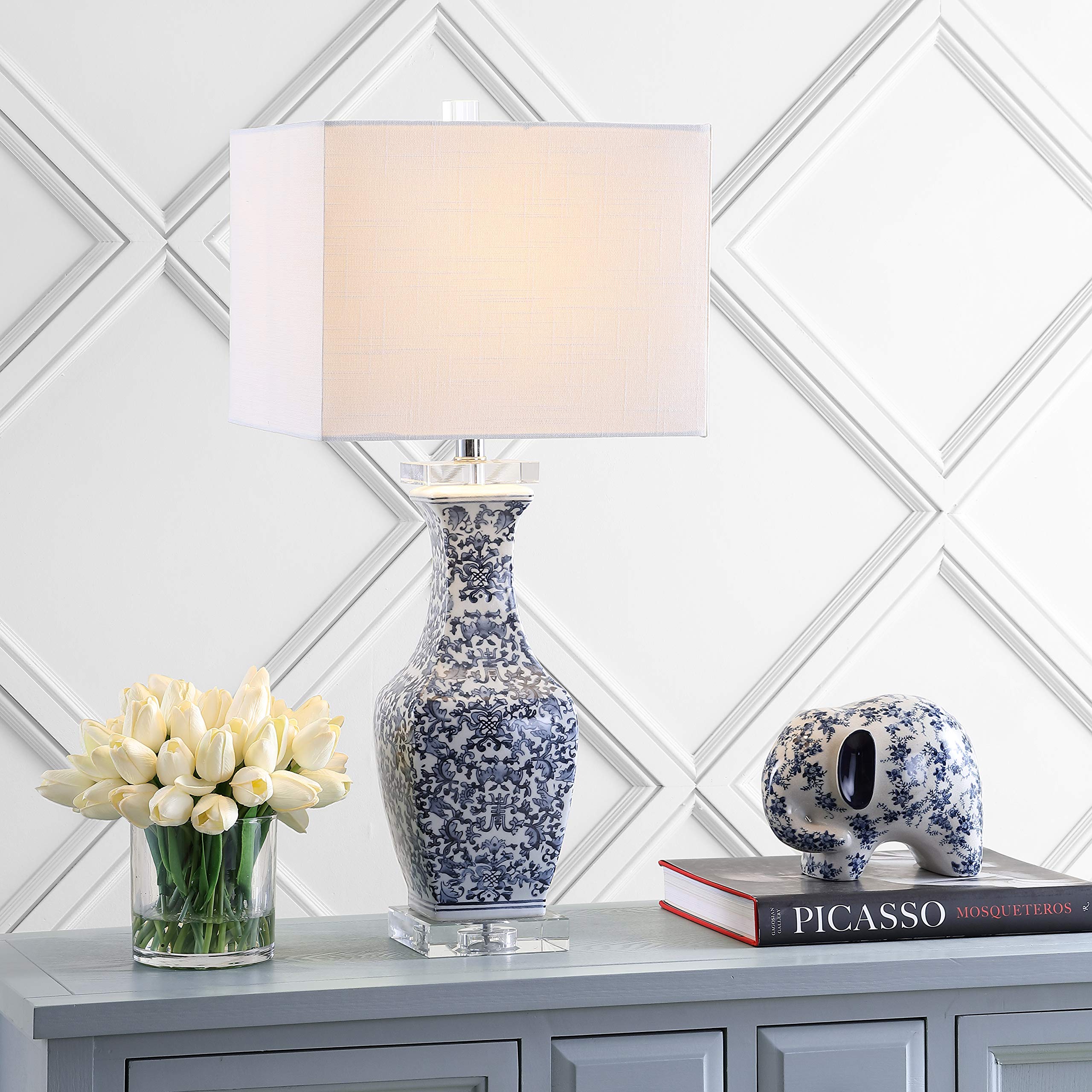 JONATHAN Y 28" Blue and White Ceramic LED Table Lamp, Chinoiserie Hand-Painted Pattern with Crystal Base, White Square Linen Shade for Bedroom, Living Room, LED Bulb Included JYL5046A