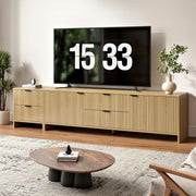 BVIUNTWO Fluted TV Stand for TVs up to 85",Modern TV Console with 4 Drawers,Wood Entertainment Center with Adjustable Shelves & Storage Cabinets for Living Room,Natural Oak