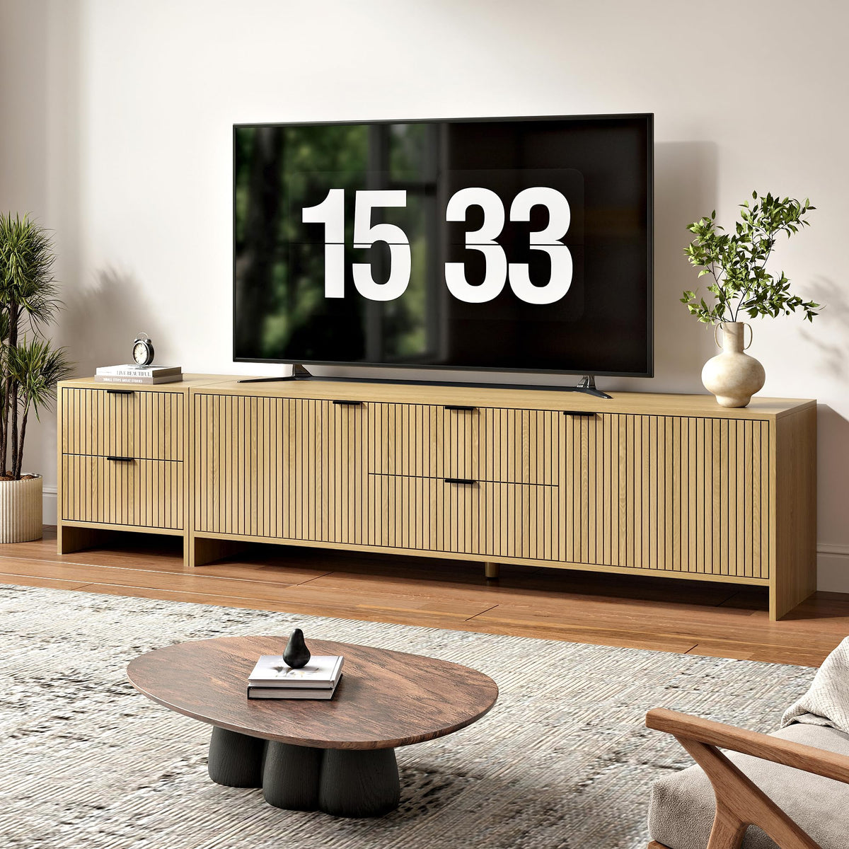 BVIUNTWO Fluted TV Stand for TVs up to 85",Modern TV Console with 4 Drawers,Wood Entertainment Center with Adjustable Shelves & Storage Cabinets for Living Room,Natural Oak