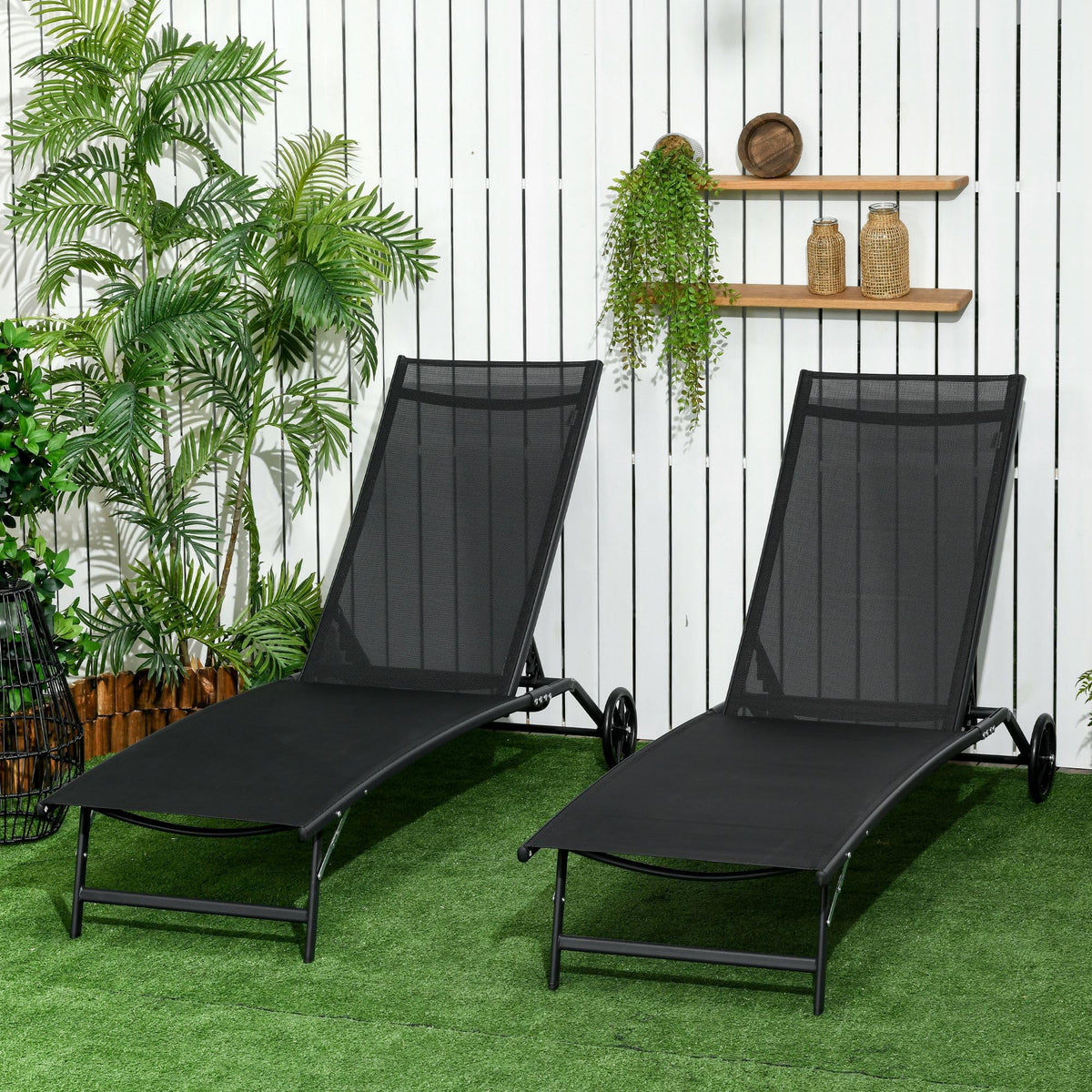 Outsunny Chaise Lounge Outdoor, 2-Piece Lounge Chair with Wheels, Black