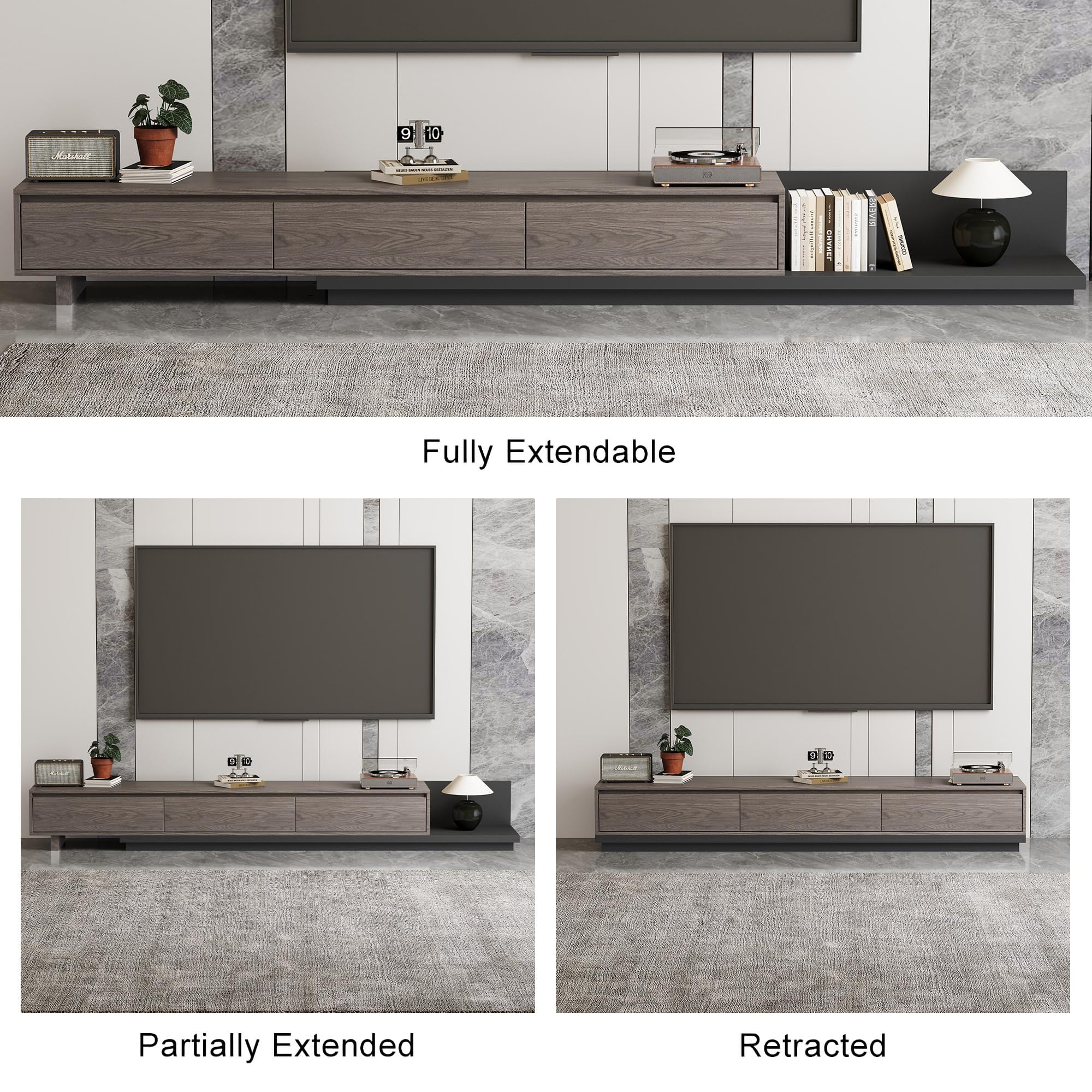 gaoyangjiaju Mid-Century Modern Extendable TV Stand with Ample Storage for Living Room – Adjustable TV Cabinet from 78.7" to 130", 3-Drawer Entertainment Center, Black Walnut