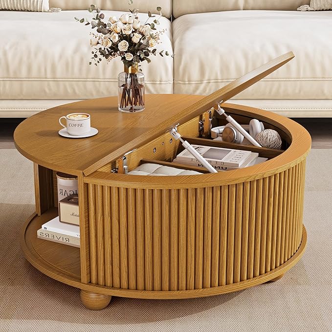 Fluted Round Coffee Table with Sliding Storage