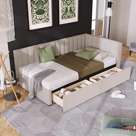 Twin Size Upholstered Daybed with 2 Storage Drawers