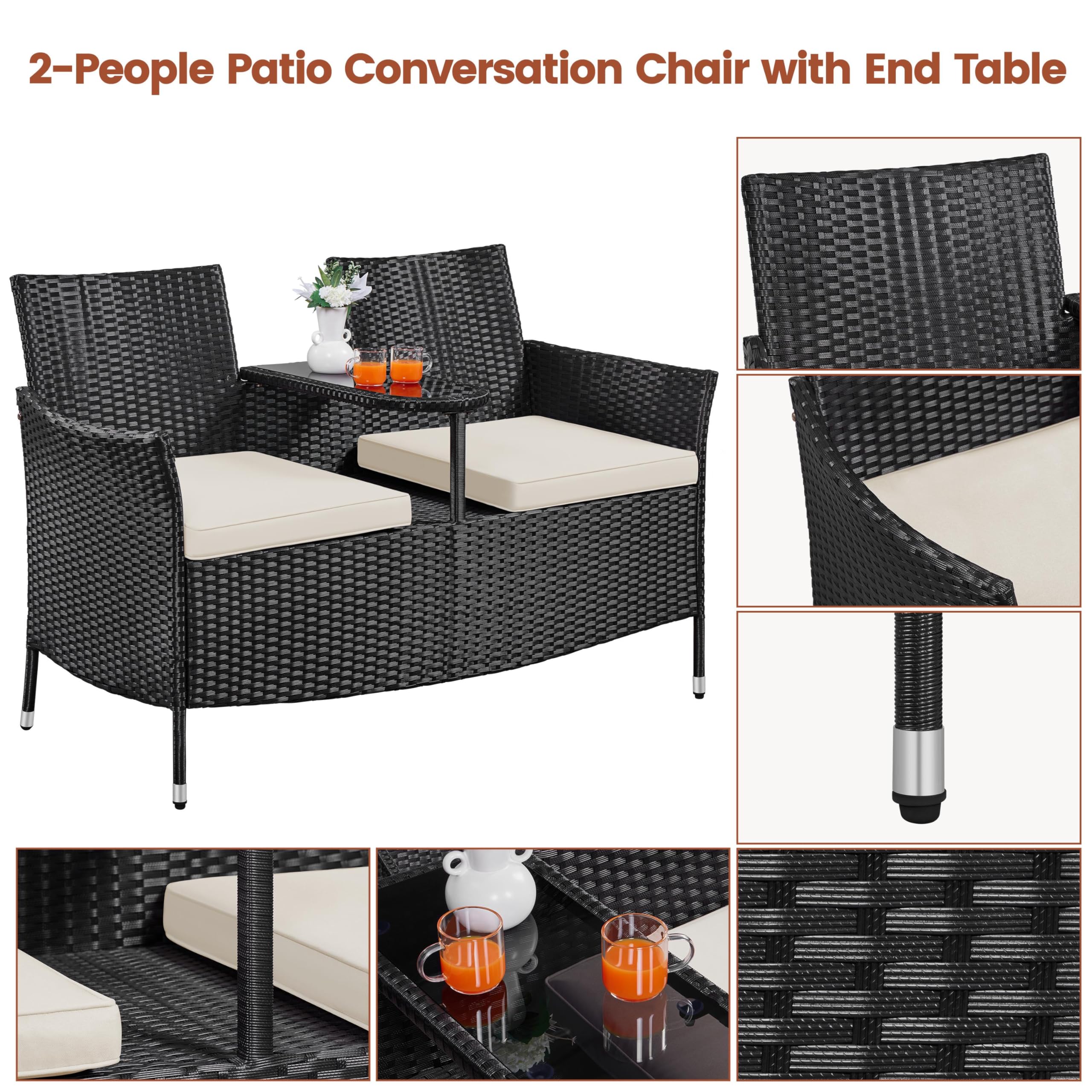 Outdoor PE Rattan Loveseat with Side Table & Cushions