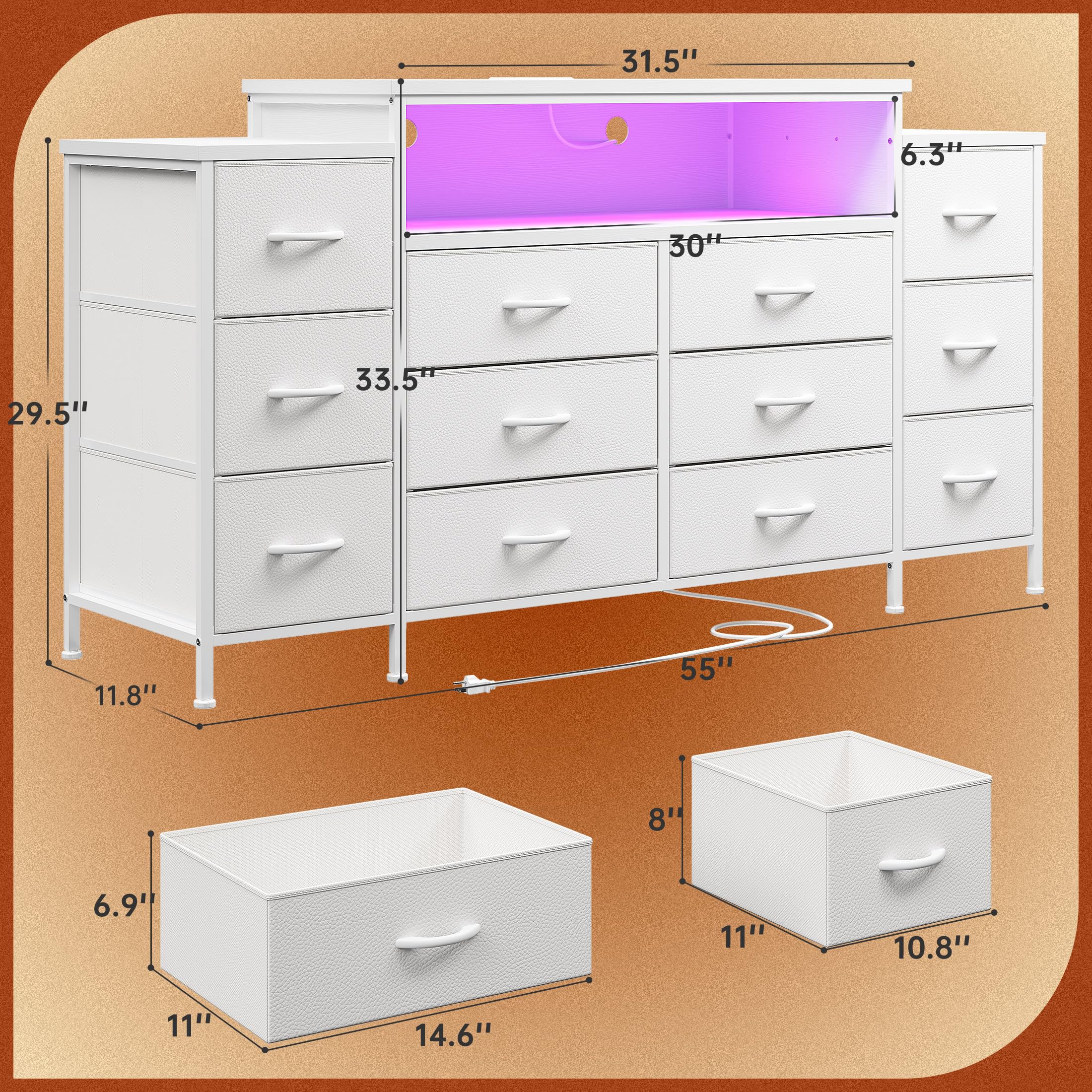 EnHomee 55" W Dresser for Bedroom with LED Lights & Charging Station 12 Drawer Dressers & Chests of Drawers Dresser TV Stand for Bedroom for Hanging 65" TV, Metal Frame & Fabric Drawers, White
