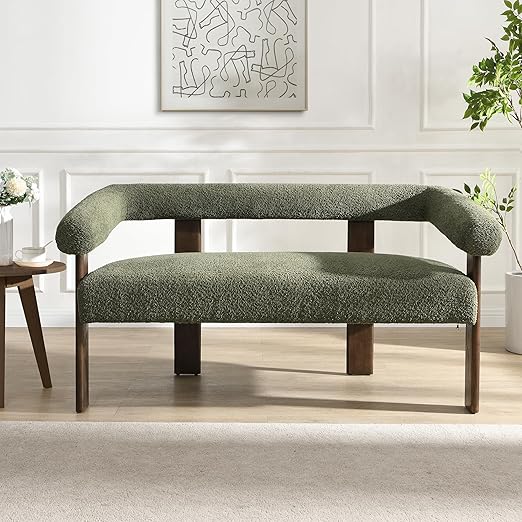 53" Bouclé Loveseat Sofa with Curved Armrests & Rubberwood Frame