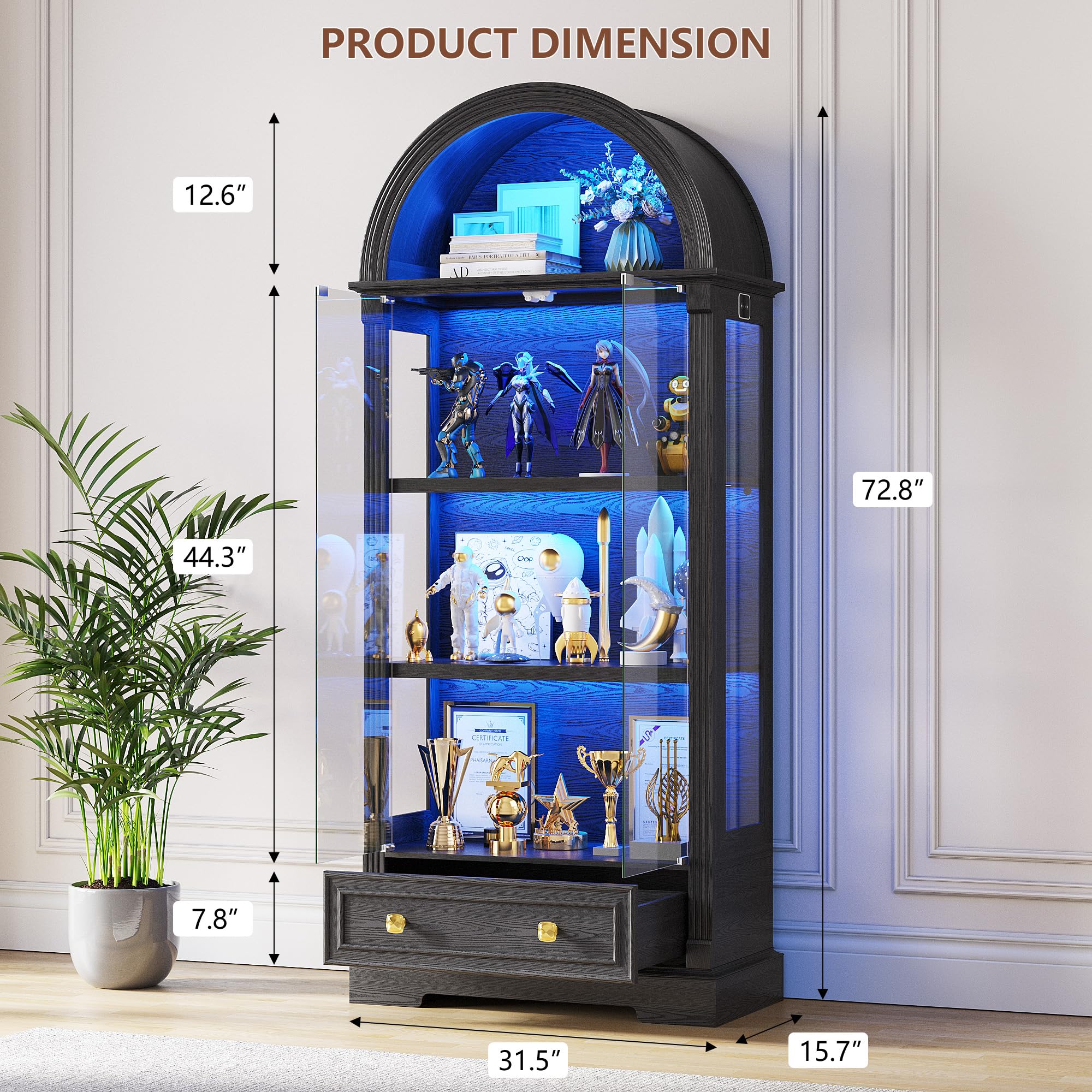 Arched Glass Display Cabinet with LED Motion Sensor Lighting