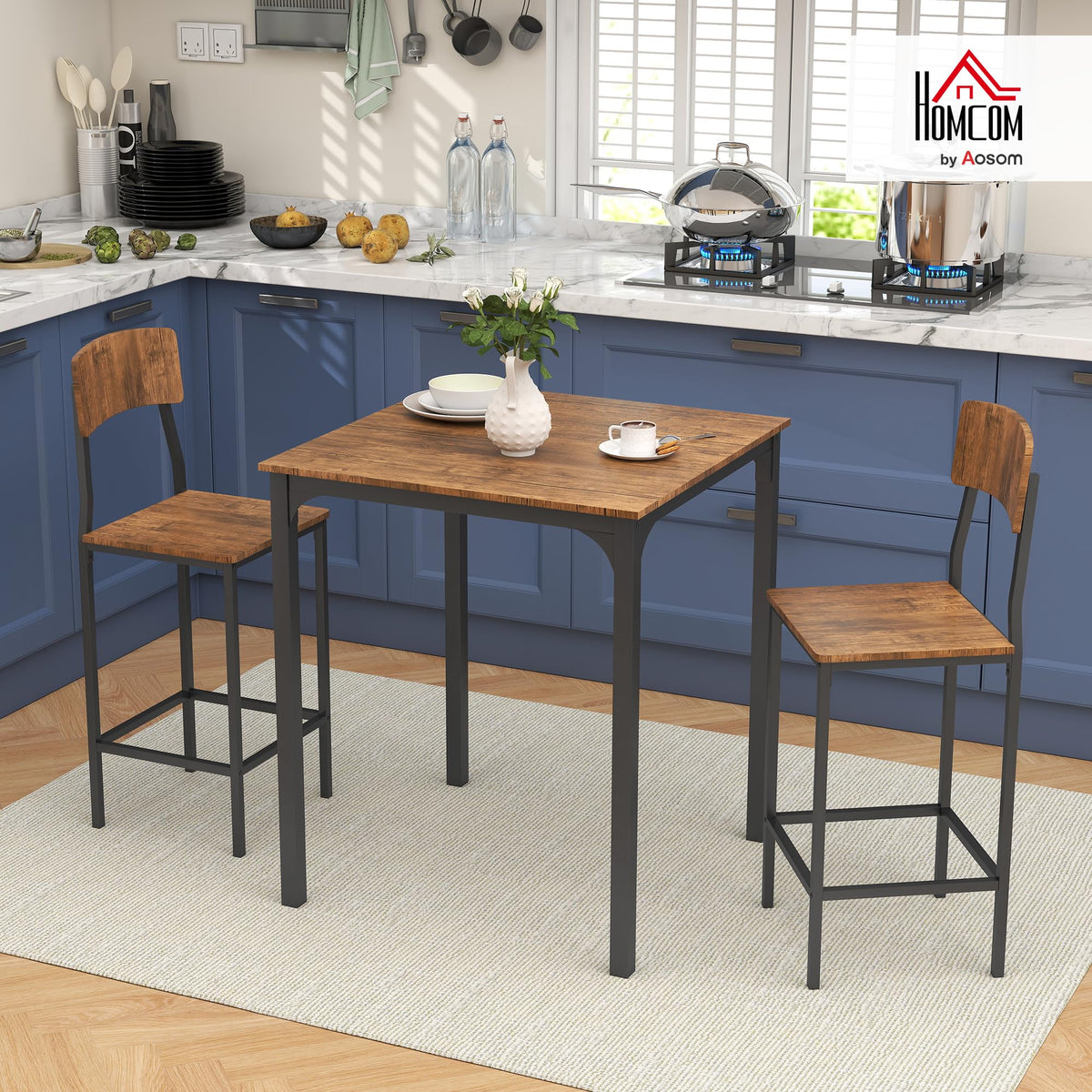 HOMCOM 3 Piece Industrial Counter Height Dining Table Set, Bar Table & Chairs with Steel Legs & Footrests, Black