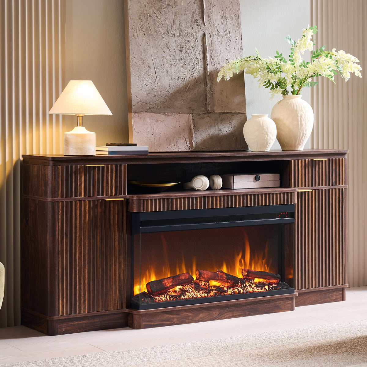 OKD 70'' Fireplace TV Stand with Storage, Fluted Media Console, Dark Walnut
