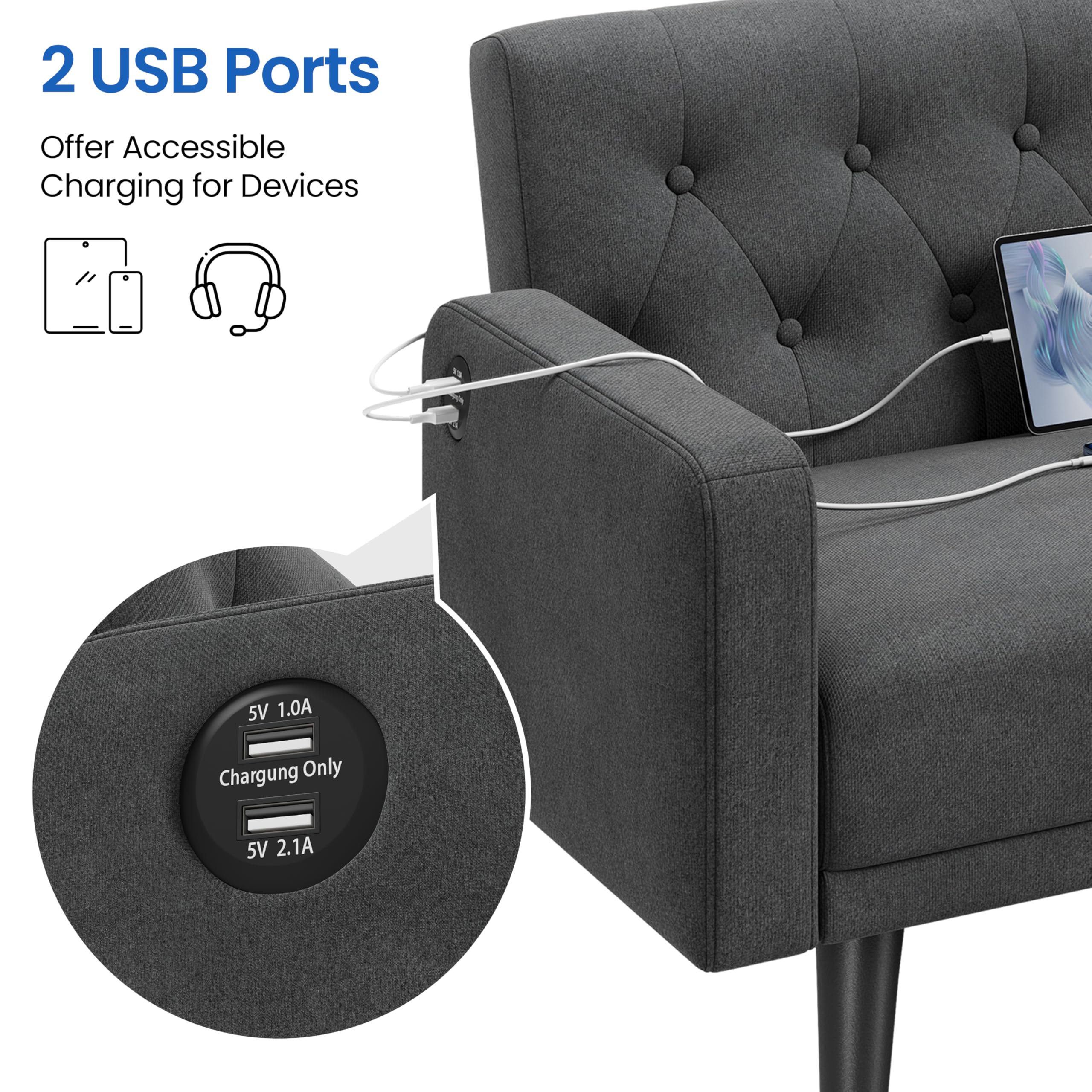 63" Convertible Futon Sofa Bed with USB Ports