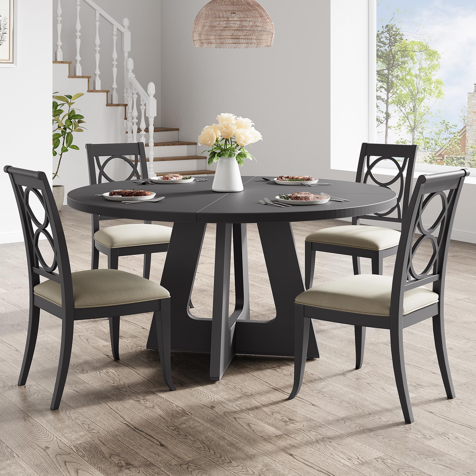 GarveeHome 47 in Round Large Dining Table Set for 4 to 6, Farmhouse Dinner Table with Wooden Top and Legs for Home Dining Room or Living Room - Grey(No Chairs)