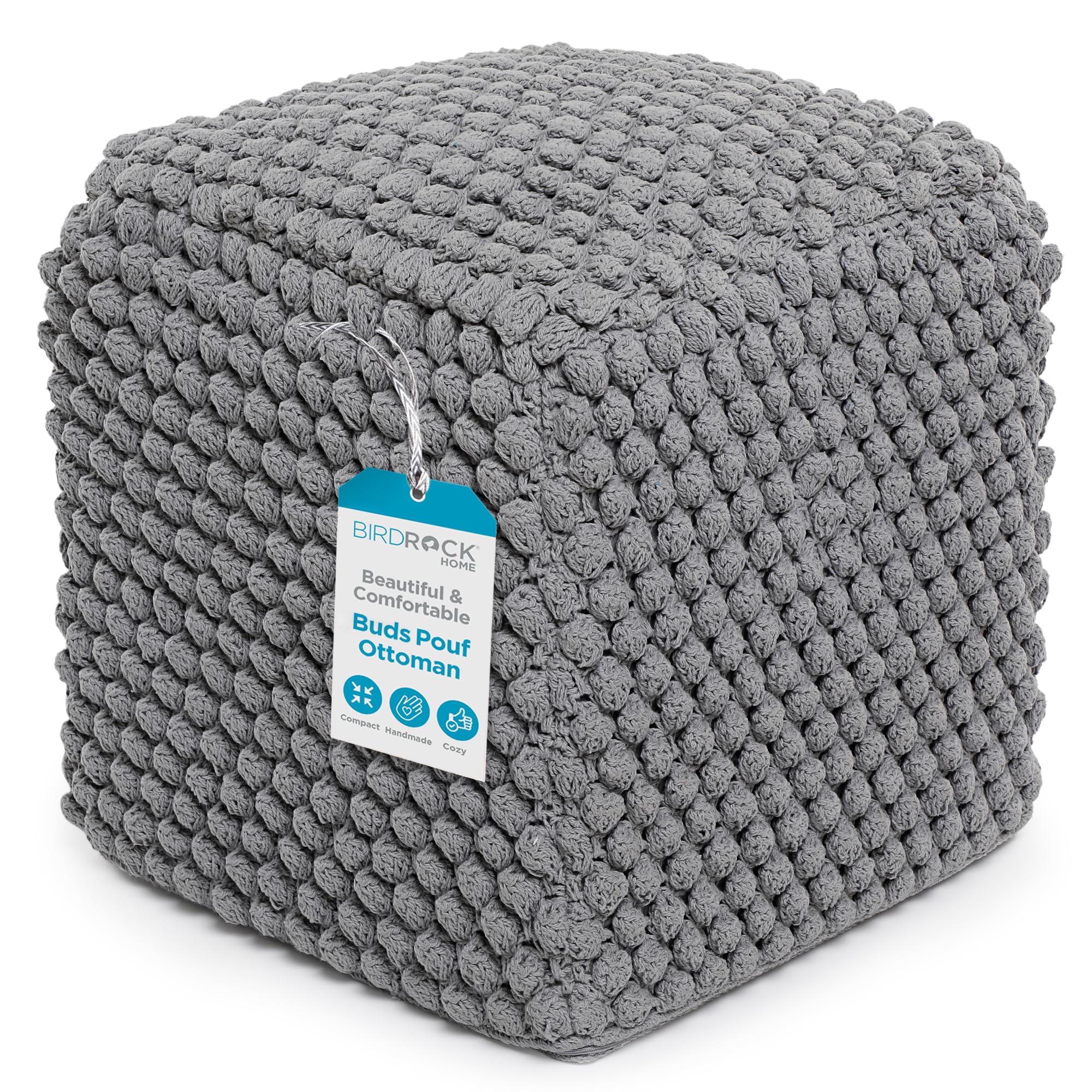 BIRDROCK HOME Square Pouf Ottoman Foot Rest - 18” Compact Comfortable Soft Cotton Knit Bean Bag Floor - Chair Foot Stool Seat for Living Room, Bedroom, Kids Room or Nursery (Grey Bud)