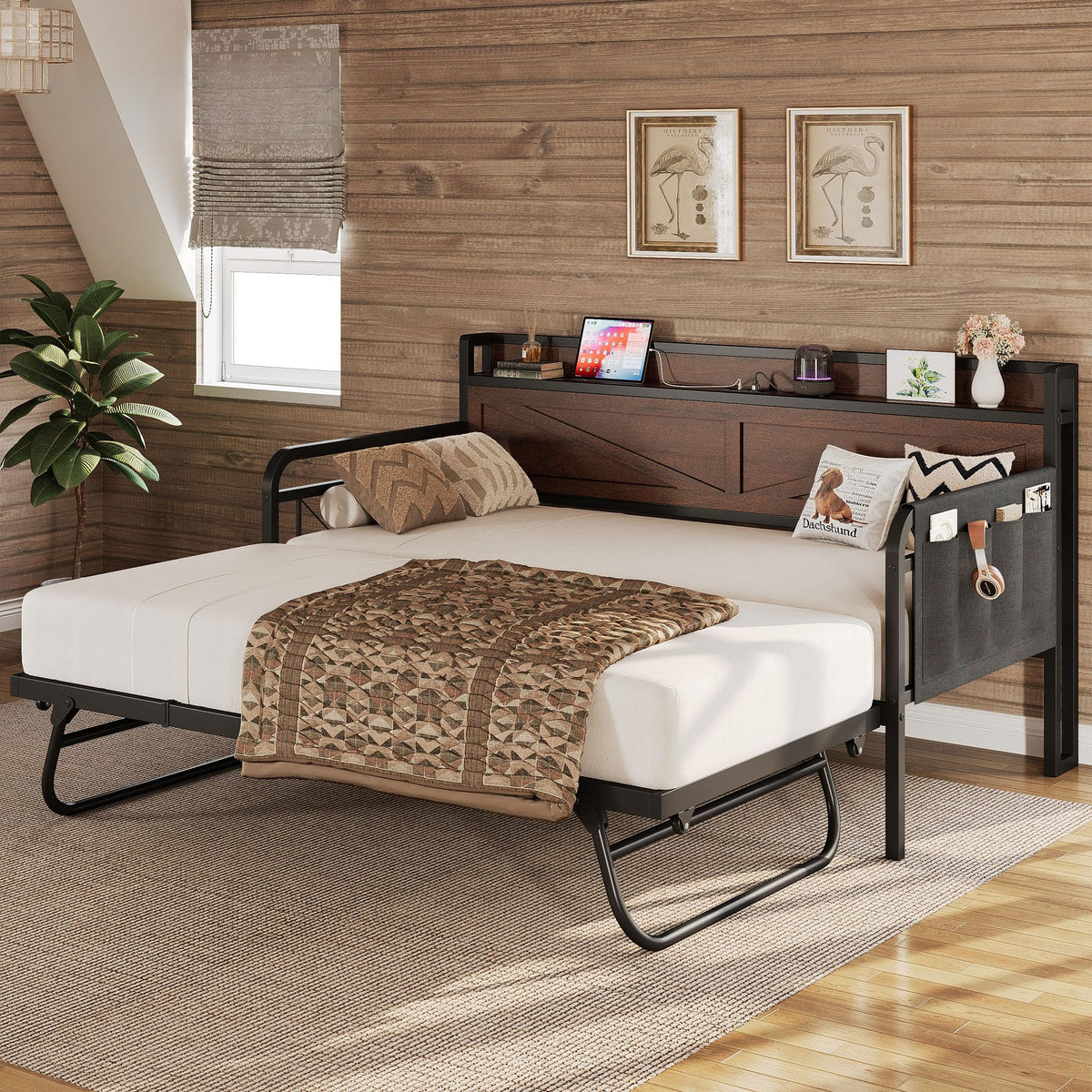 LIKIMIO Twin Daybed with Pop Up Trundle & Charging Station & Storage Shelf