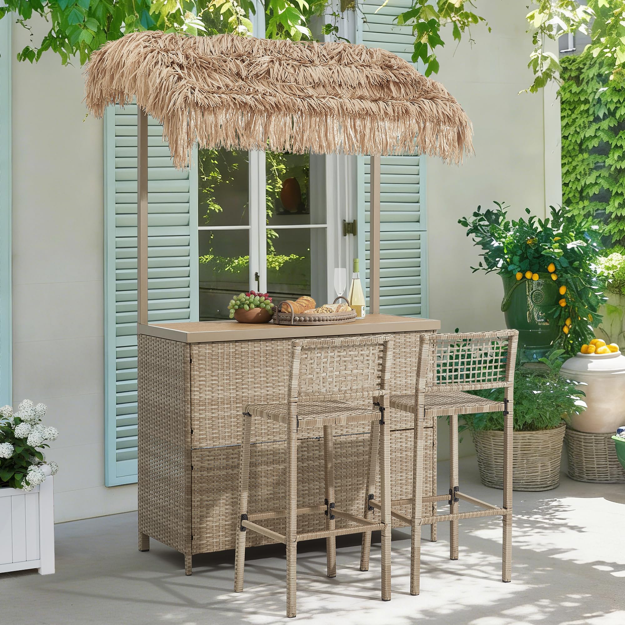 Mvpipi Outdoor Tiki Bar Set, 3 Pieces All-Weather Wicker Patio Bar Set with 2 Height Stools and Storage, Outdoor Bar Set for Outside Patio, Garden, Backyard,Yellow