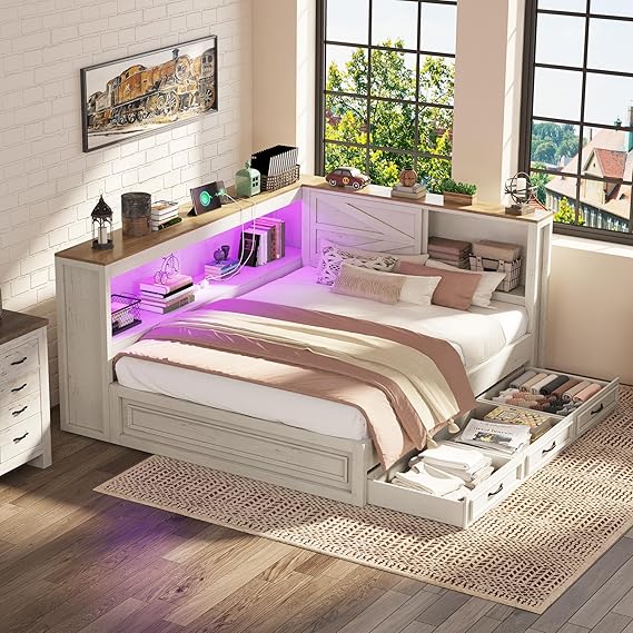 Farmhouse Storage Bed Frame with Bookcase Headboard, Drawers & Charging Station