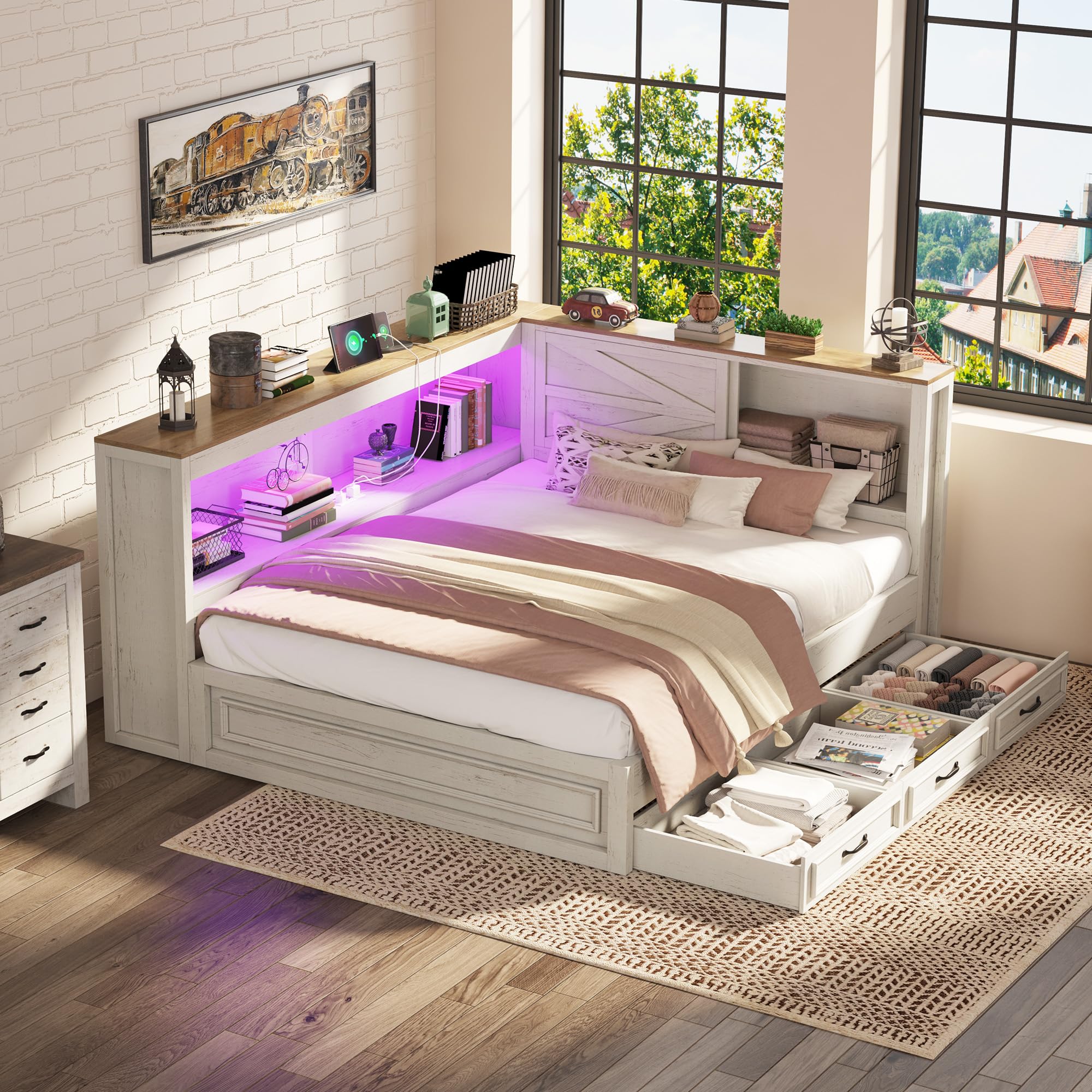 Jocisland Full Corner Bed Frame with Storage Drawers and Bookcase Headboard, Charging Station and Led Lights, Farmhouse Wood Daybed for Kids Teens, No Box Spring Needed, White