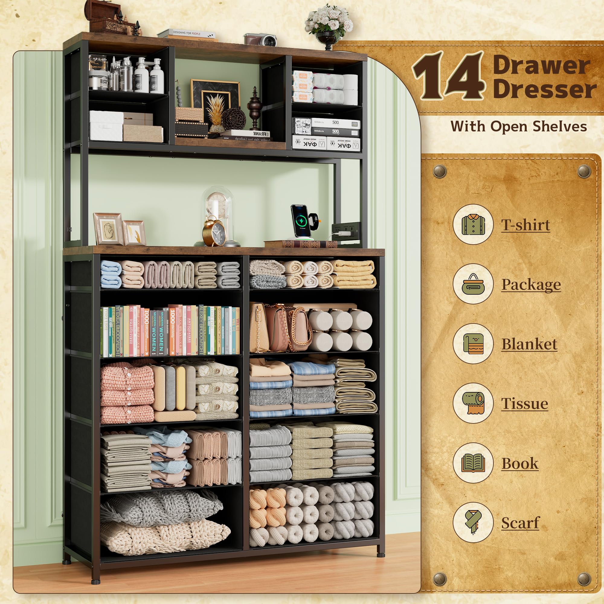 62“H Dresser for Bedroom with Large Drawers,Dressers & Chests of Drawers Featuring LED Light and Charging Ports,Sturdy Fabric Drawers with Open Storage Shelves, Wood Top,Steel Frame(Rustic Brown)