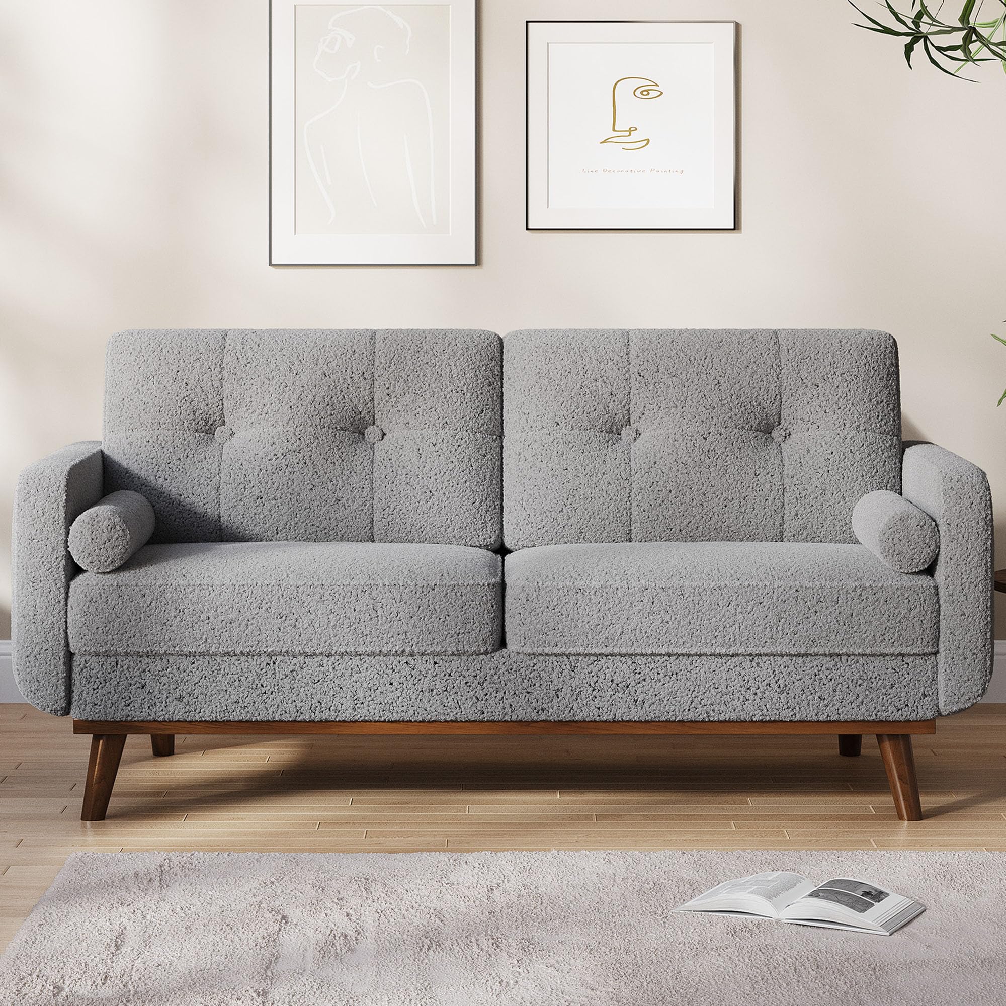 IDEALHOUSE 65" Mid Century Modern Couch Sofa Loveseat, Comfy Love Seat Couches for Living Room, 2 Seater Teddy Fleece Boucle Upholstered Deep Seat Couch for Bedroom Office Small Space, Gray