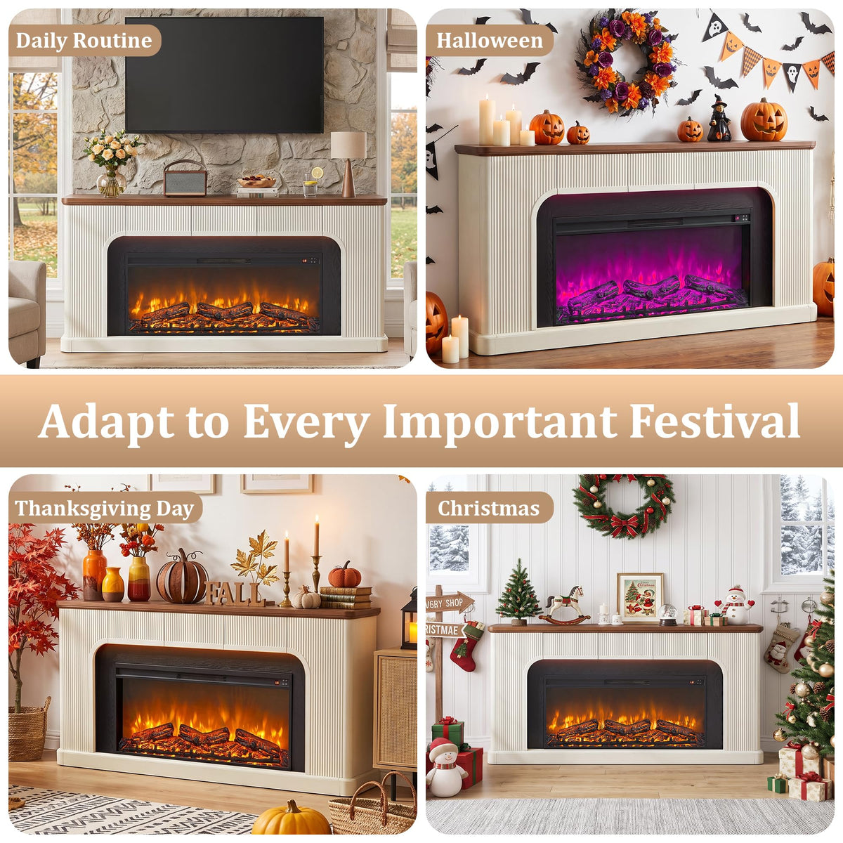 70" Fireplace TV Stand with 42'' Electric Fireplace for 65, 75, 80 inch TV