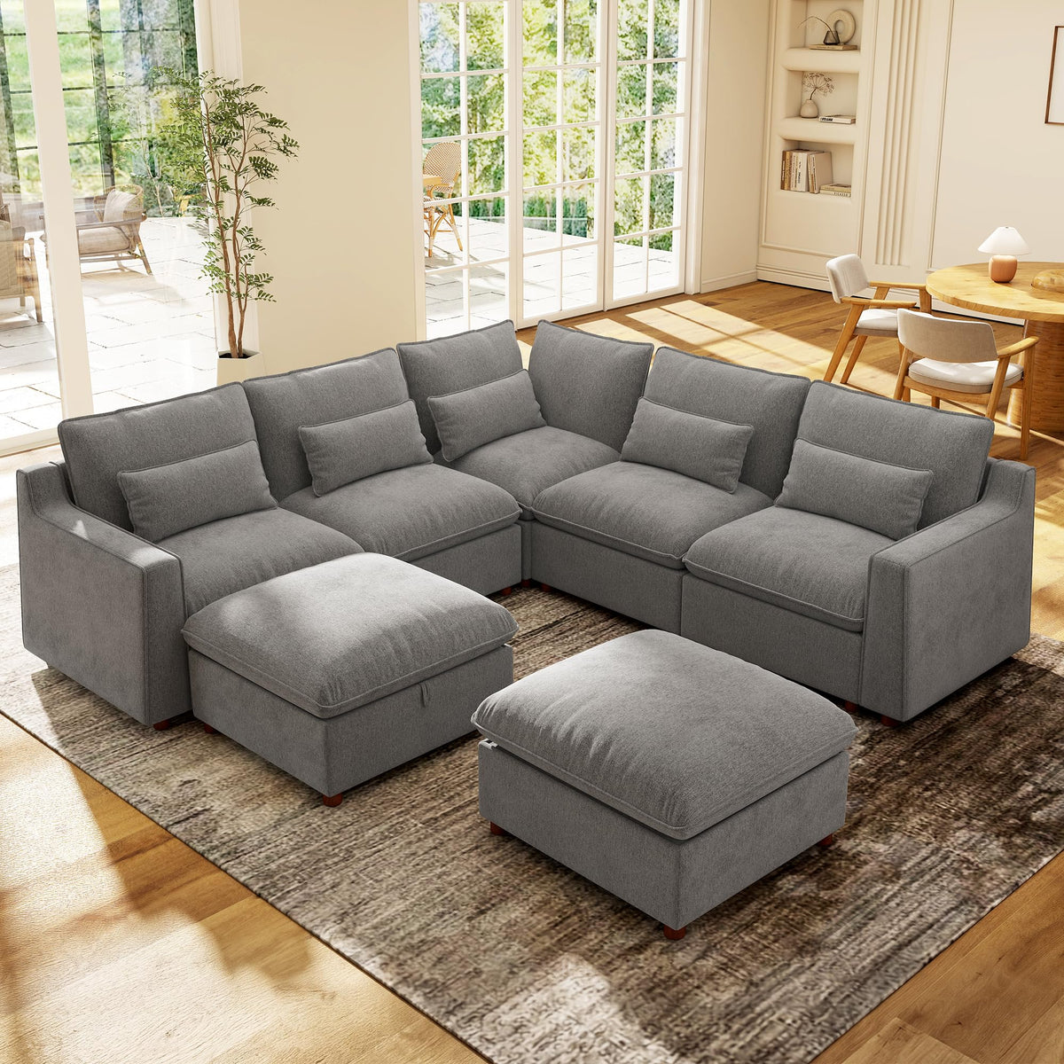 Ihanherry 134" Oversized Modular Sectional Sofa with Storage Ottomans, Chenille Cloud Couch with Deep Seat and Seamless Backrest, Couches for Living Room, Grey