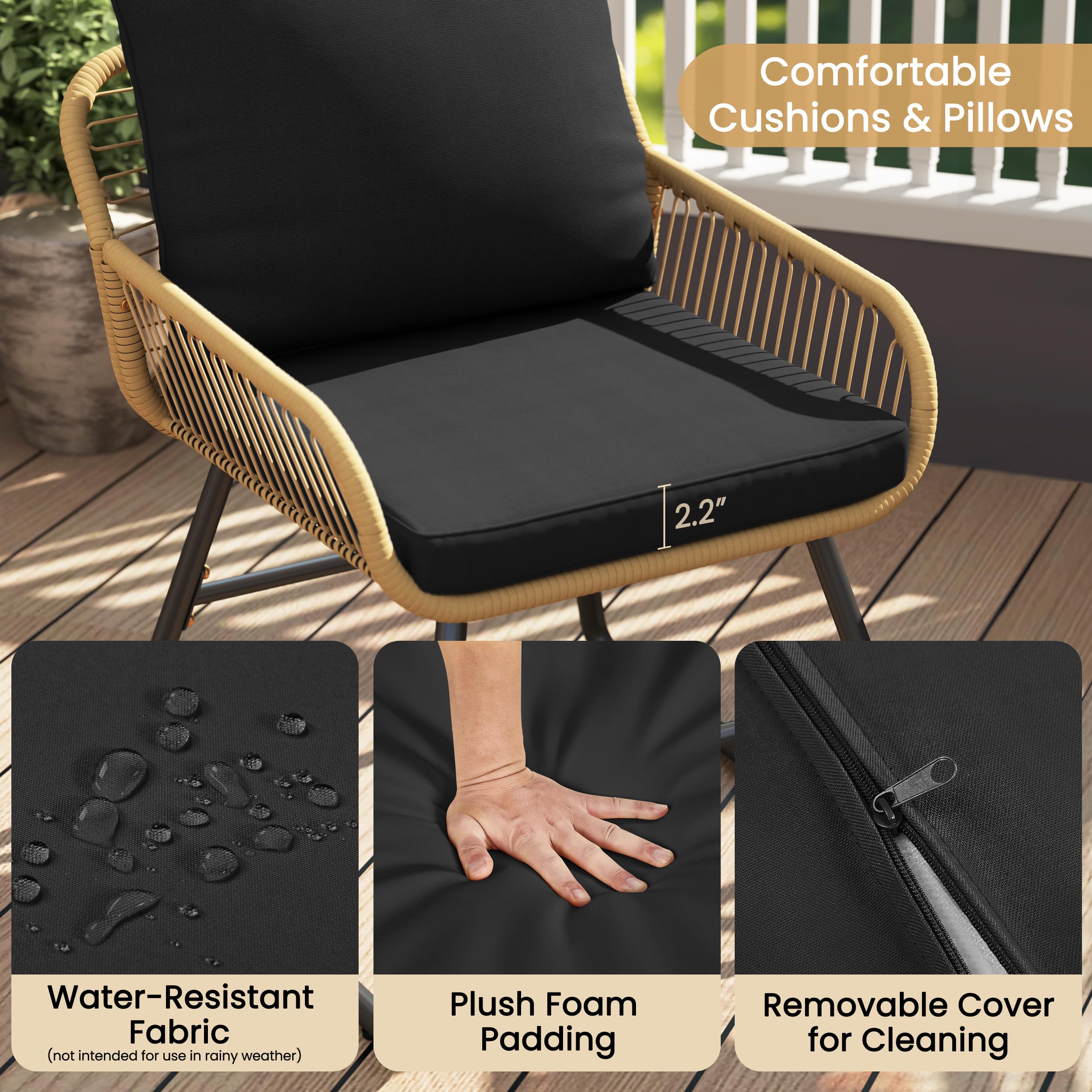 Yaheetech 3 Piece Patio Bistro Set Outdoor Wicker Bistro Furniture Sets, 2 Rattan Chairs and Glass Top Table for Patio, Balcony, Porch, Poolside, Backyard 3 PCS/Tan/Black