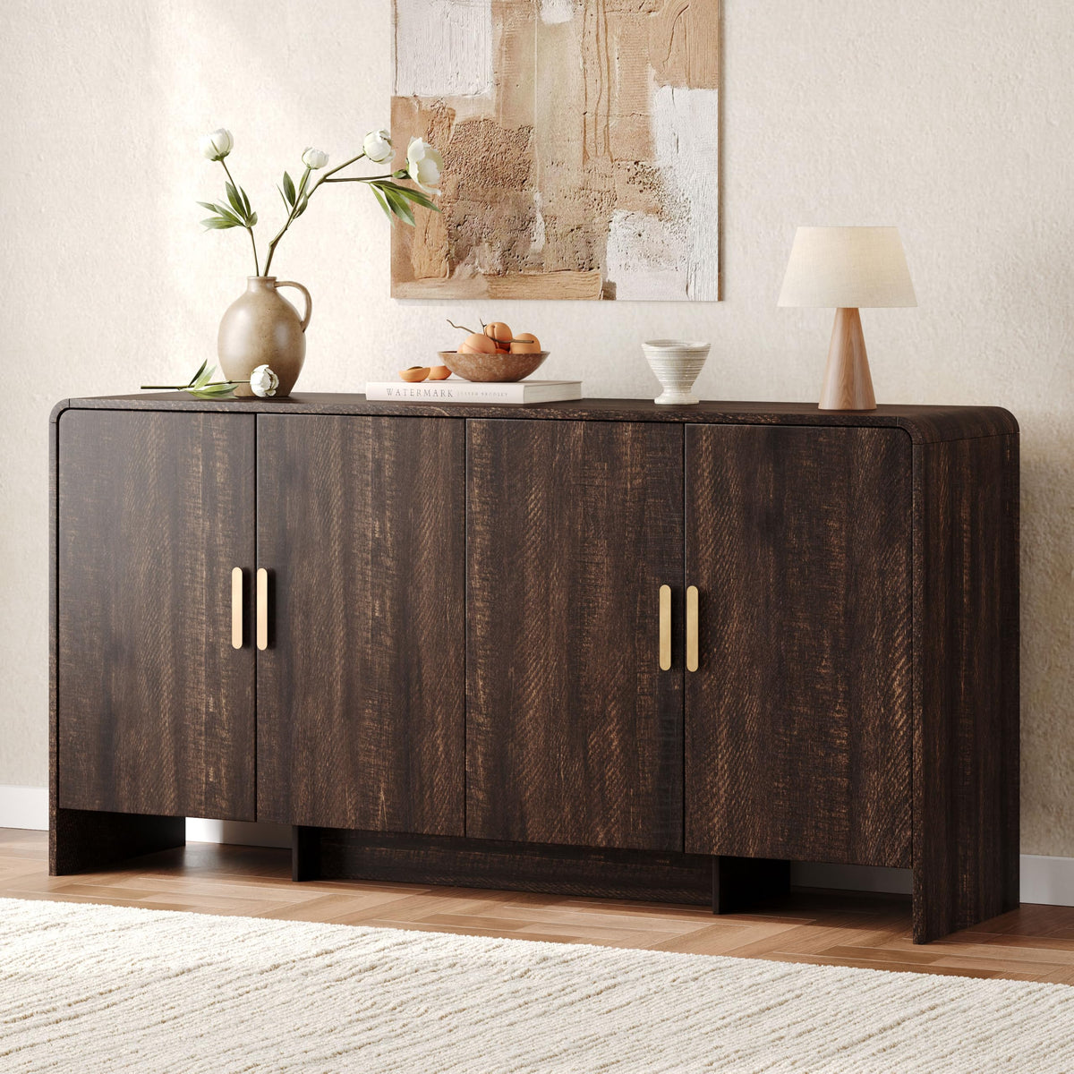 ComfyCorner 60" Sideboard Buffet Cabinet, Large Curved Design, Brown