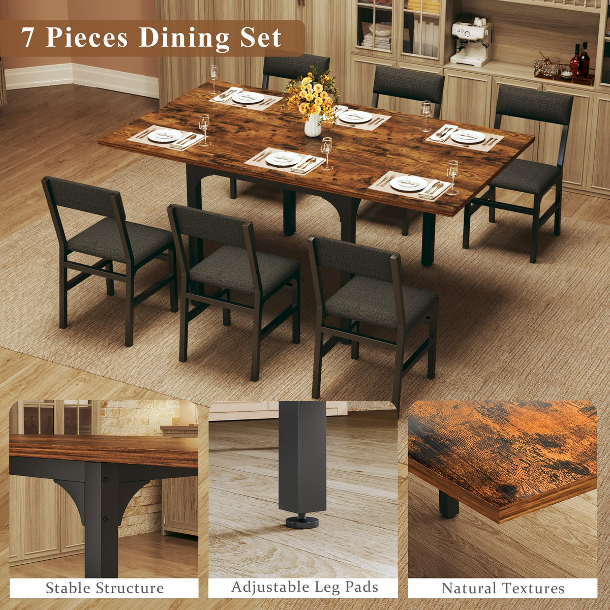 7-Piece Dining Table Set for 4-6, Extendable Kitchen Table Cushion Chairs Set of 6 with 6 Chairs, Rectangle Dining Table with Metal Frame & MDF Board, Folding for Small Apartment Saving Space, Rustic