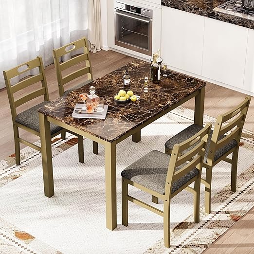5-Piece Solid Wood Dining Table Set with Faux Marble Top