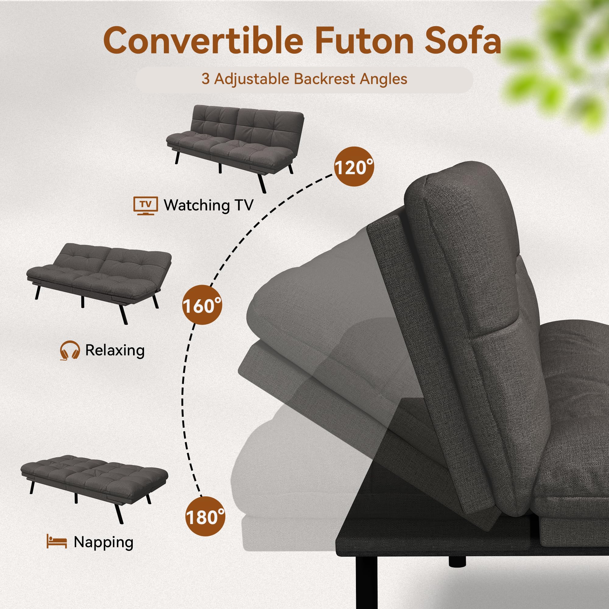 Convertible Futon Sofa Bed with Adjustable Backrest & Armrests