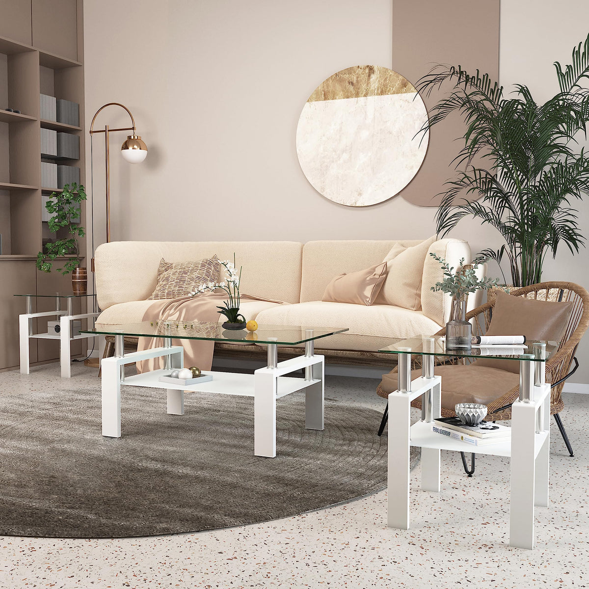 TIOPLY Living Room Tables Set,3 Piece Glass Coffee Table and End Tables Set for Living Room, Coffee Table Set with Tempered Glass Tabletop and Metal Frame for Apartment, Small Space, White