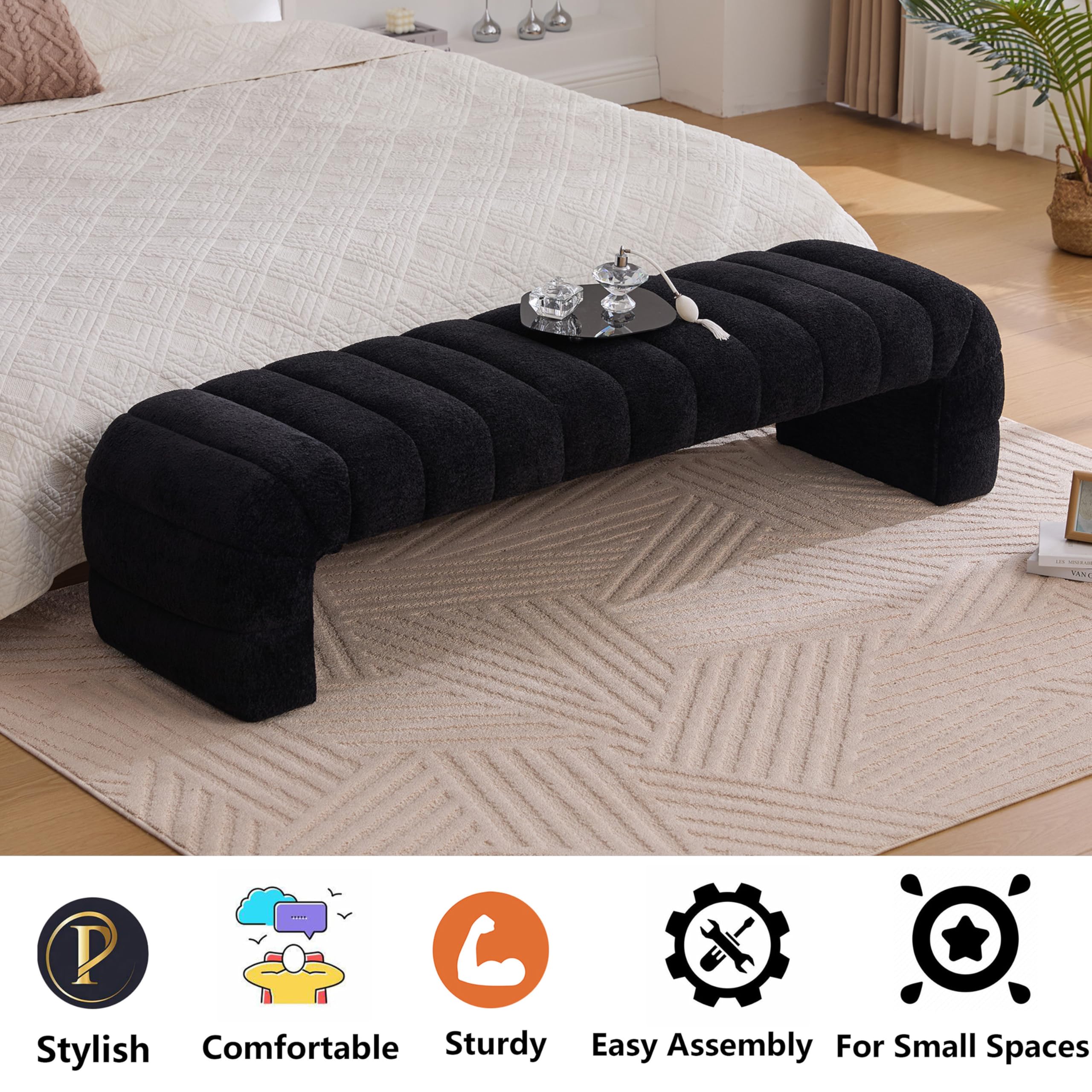 OIKIIWOO Arched Ottoman Bench for Bedroom Living Room,69.7" Chenille Long Benches for Bed End King Size,Modern Channel Tufted Seating Bench for Entryway,Window,Bedside (Black, 69.7")