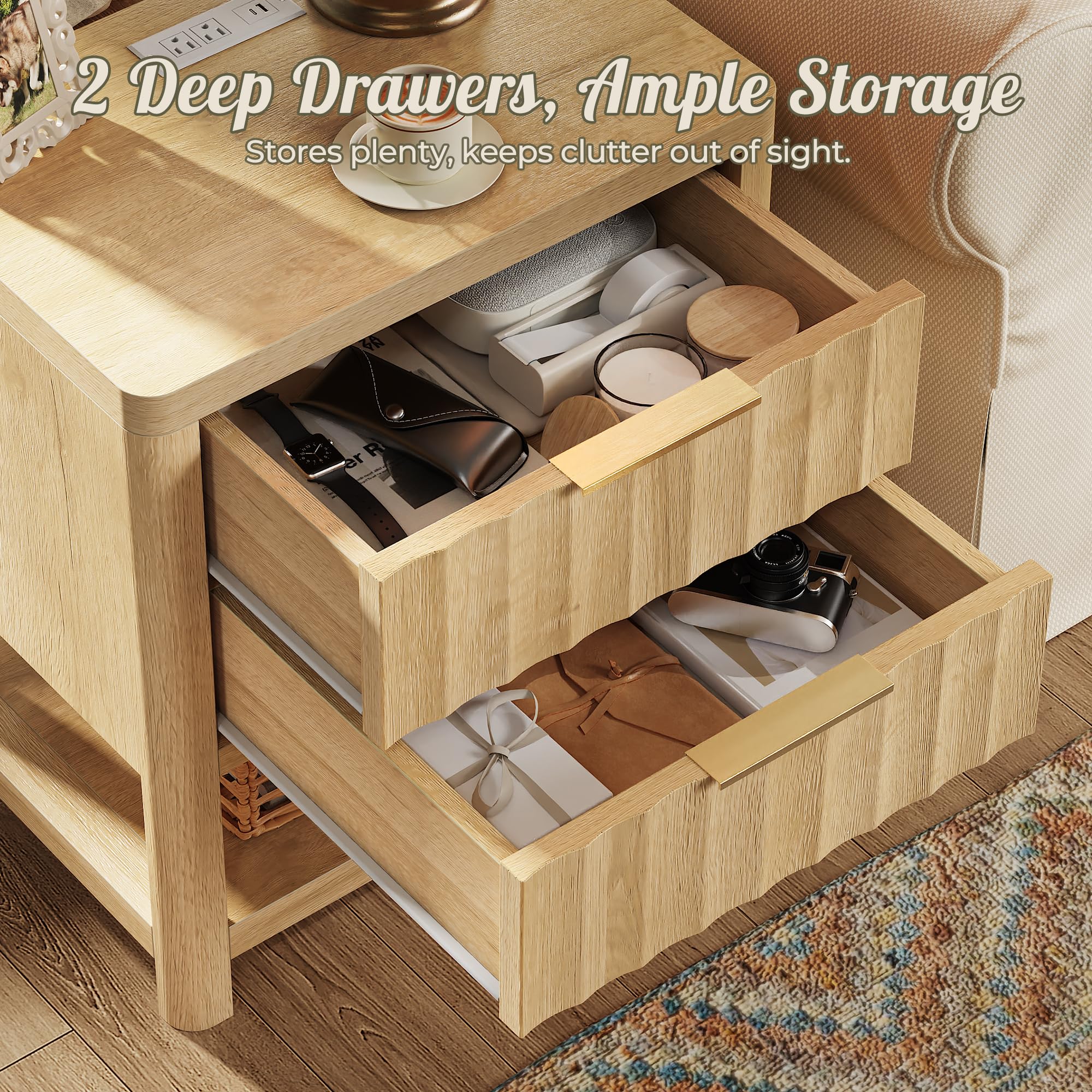 Tall Nightstand with Charging Station & 2 Drawers