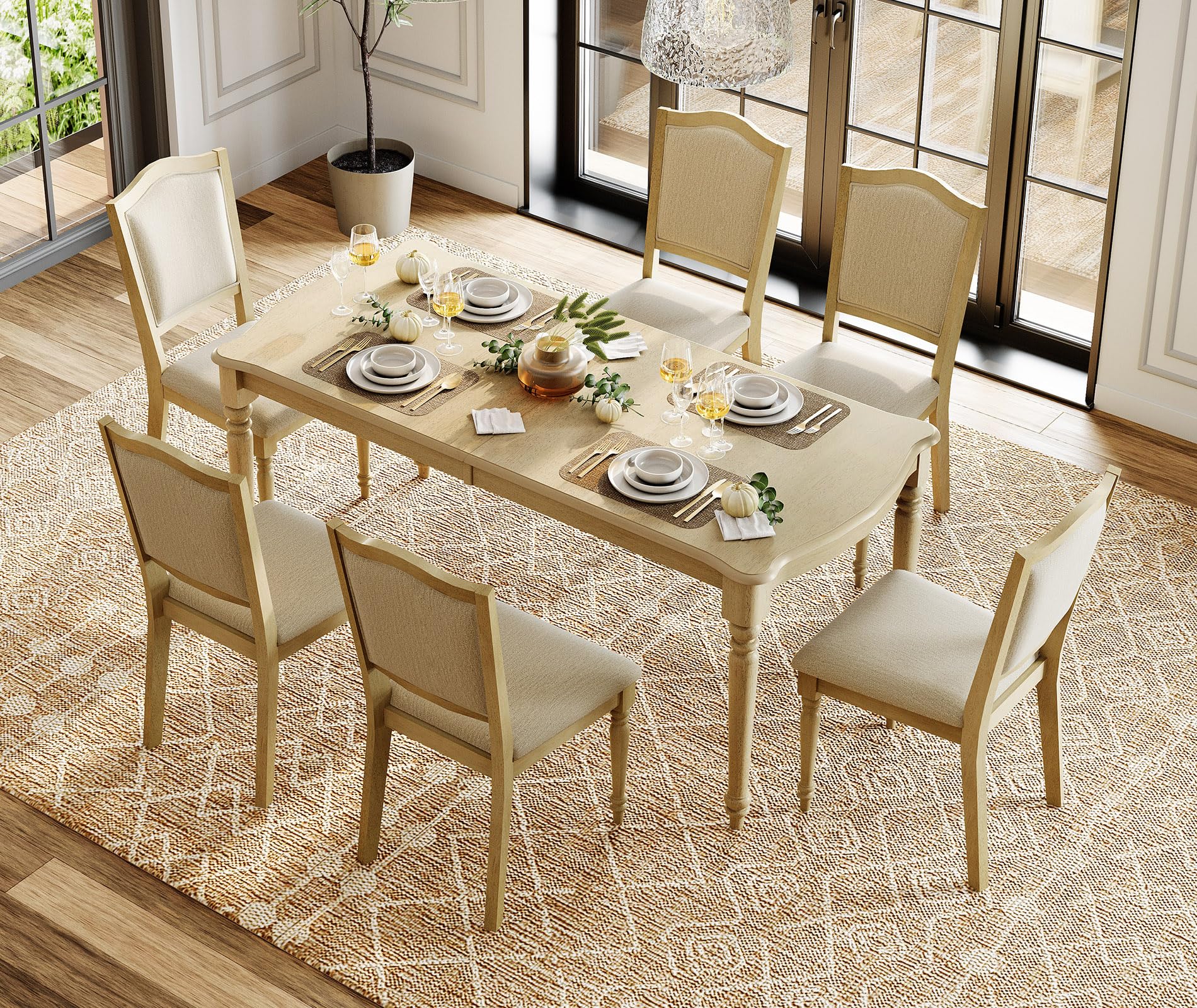 WAMPAT Dining Chairs Set of 6, Fabric Upholstered Kitchen Chairs with Cross-Back & Solid Wood Legs, Farmhouse Side Chair with Gourd-Shaped Leg for Dining Room, Living Room, Oak