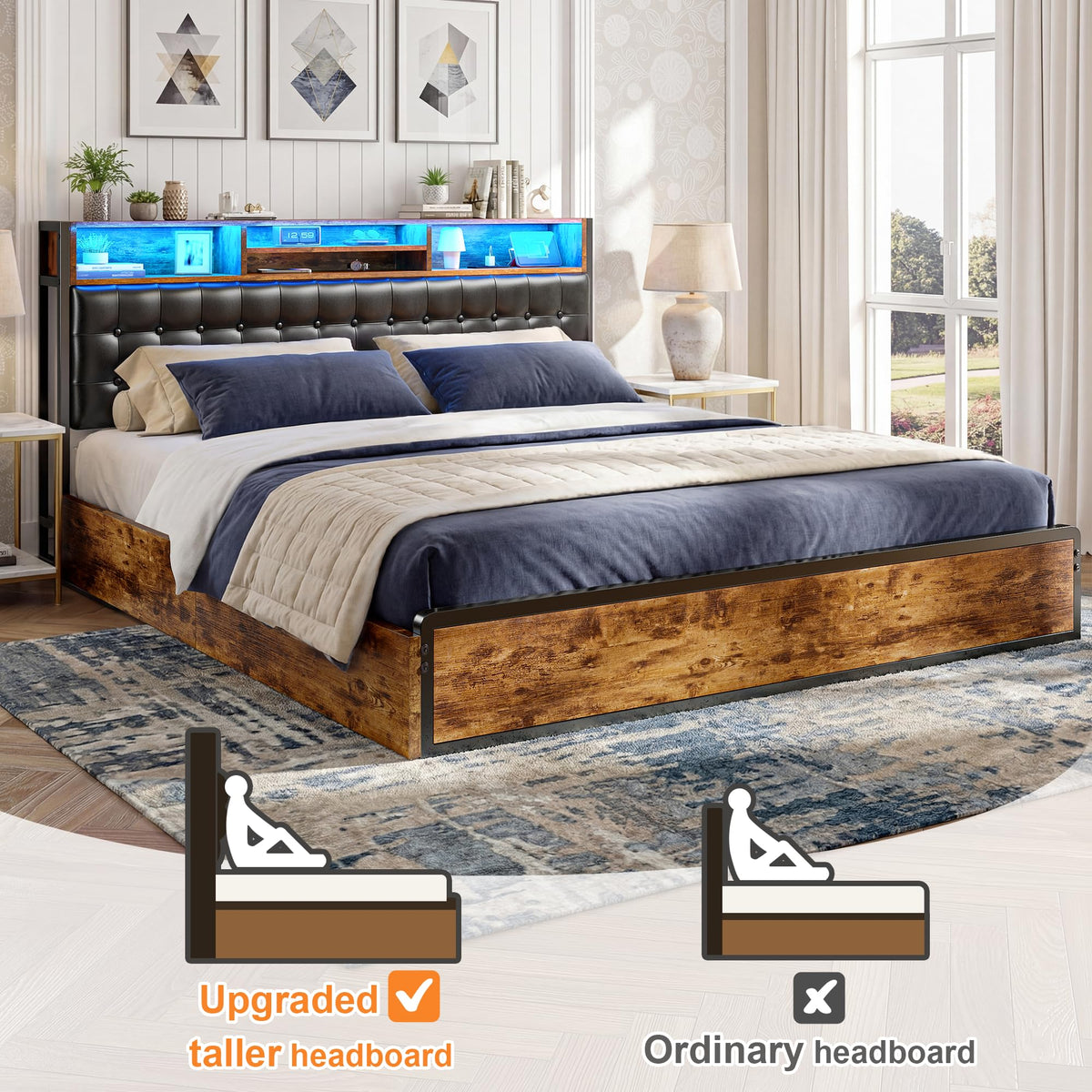 EnHomee King Bed Frame with 4 Drawers, Charge Station & LED Lights