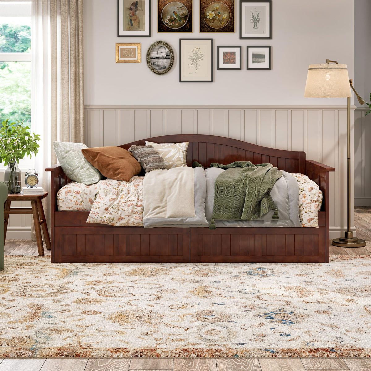 AFI, Nantucket Twin Size Wood Daybed Frame with 2 Storage Drawers, Walnut
