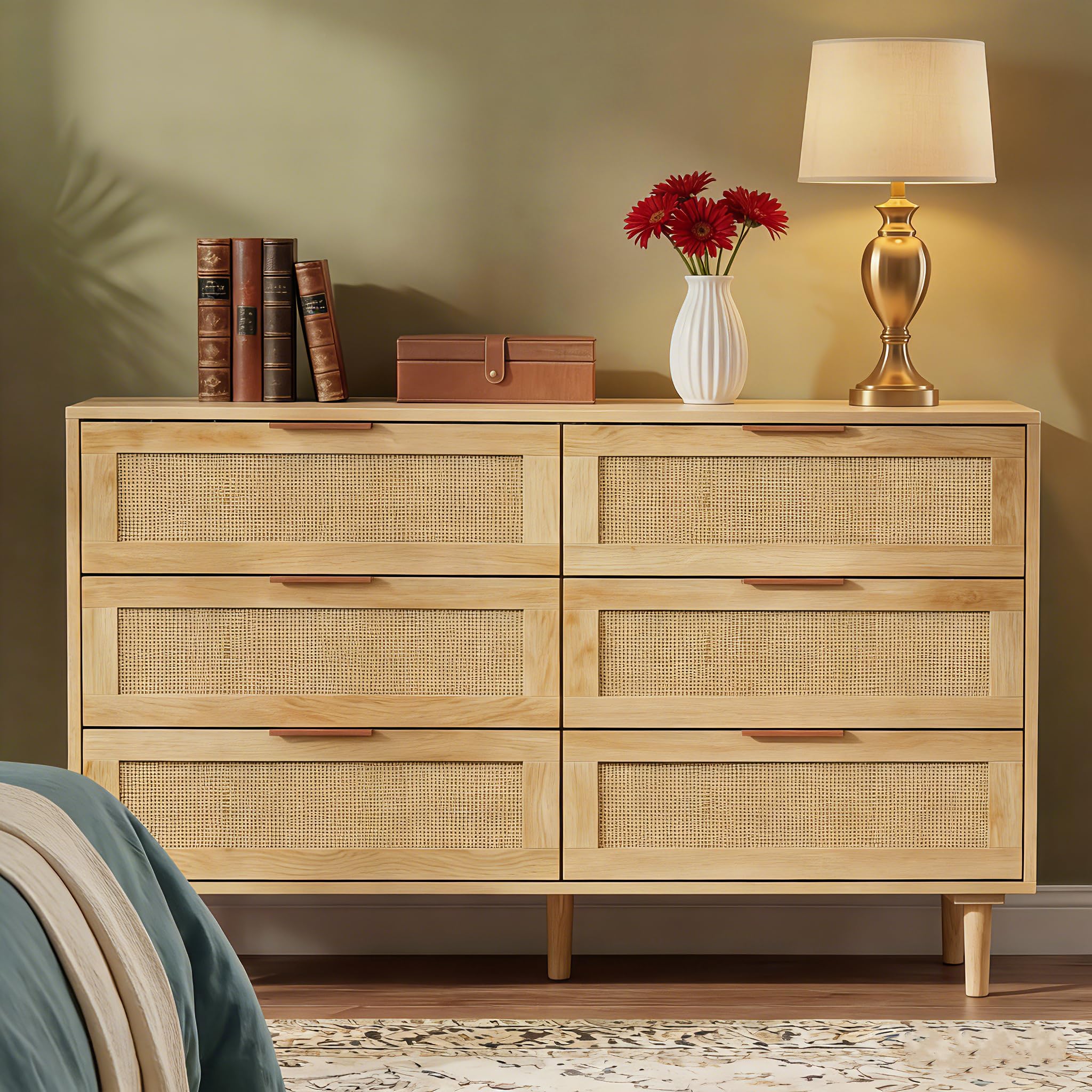 FUQARHY 6 Drawer Dresser Rattan Dresser Modern Chest with Drawers,Wood Storage Closet Dressers Chest of Drawers for Bedroom,Living Room,Hallway (Natural)
