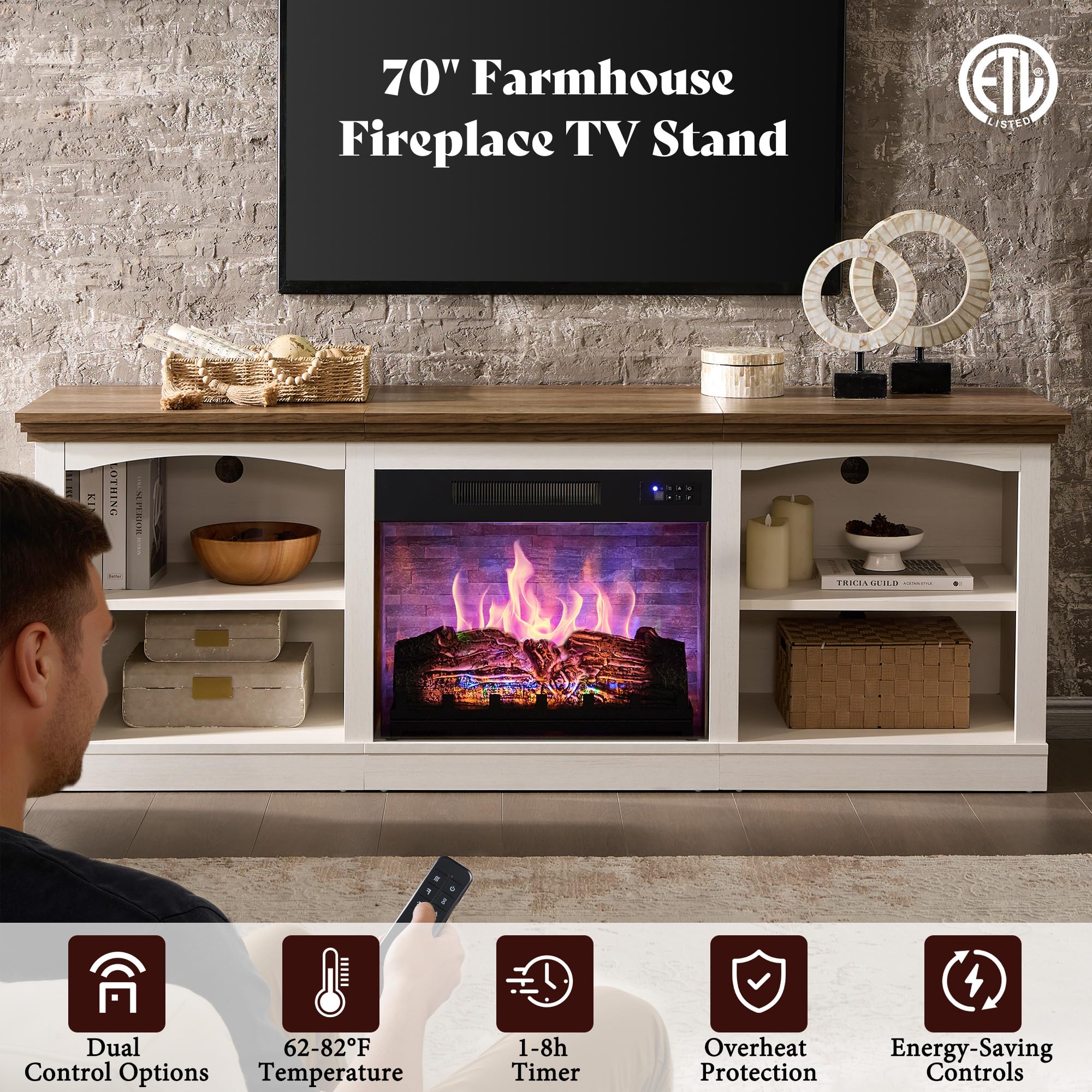 70" Farmhouse Fireplace TV Stand