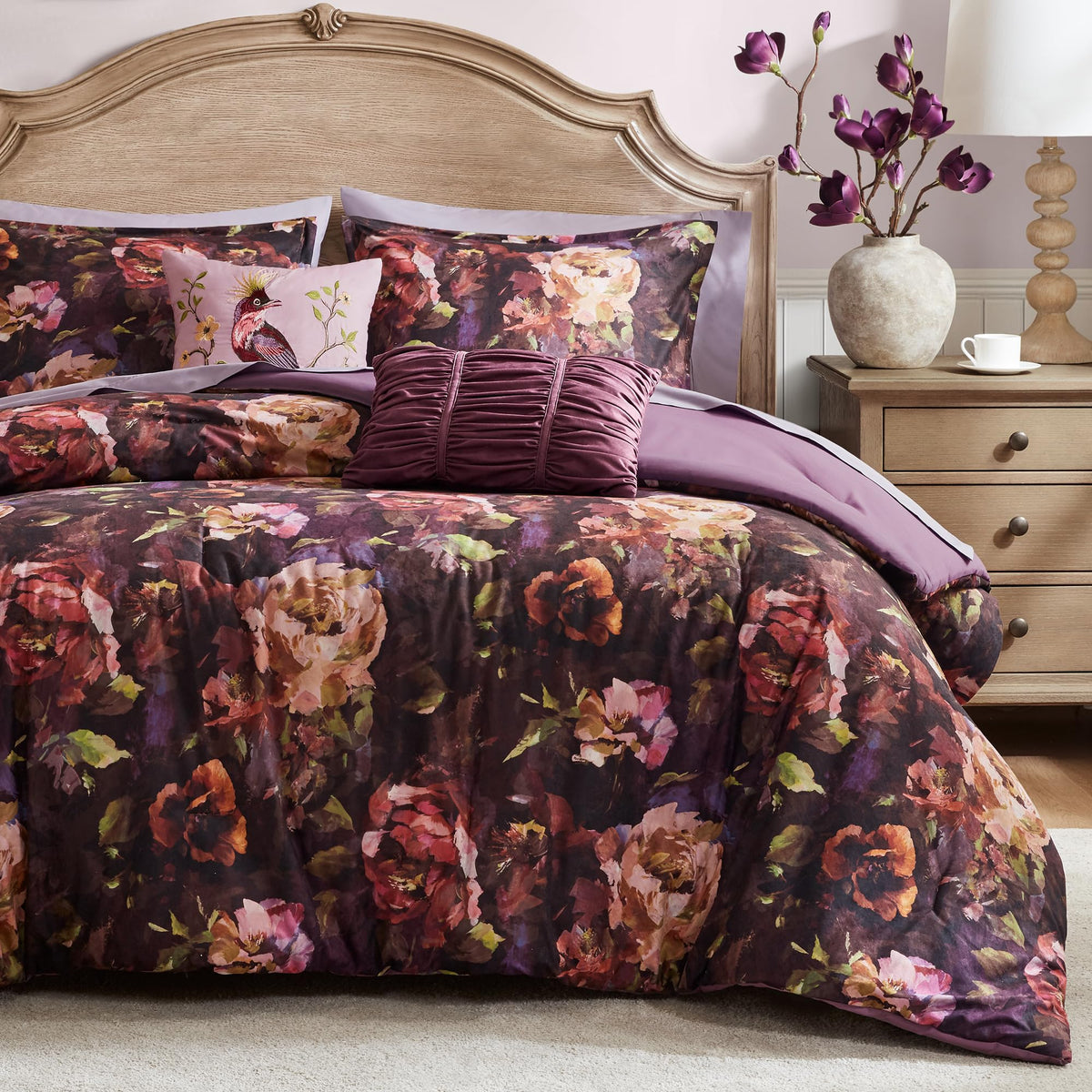 Purple Floral Velvet Queen Comforter Set