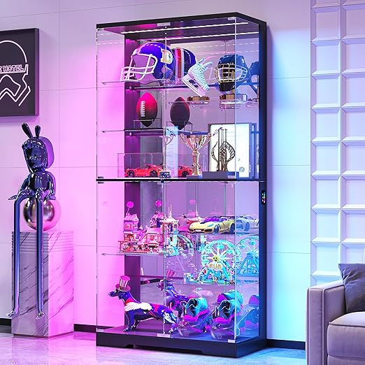4-Tier Glass Display Cabinet with RGB LED Lights, Motion Sensor & Lockable Pop-Up Door – 70.9"