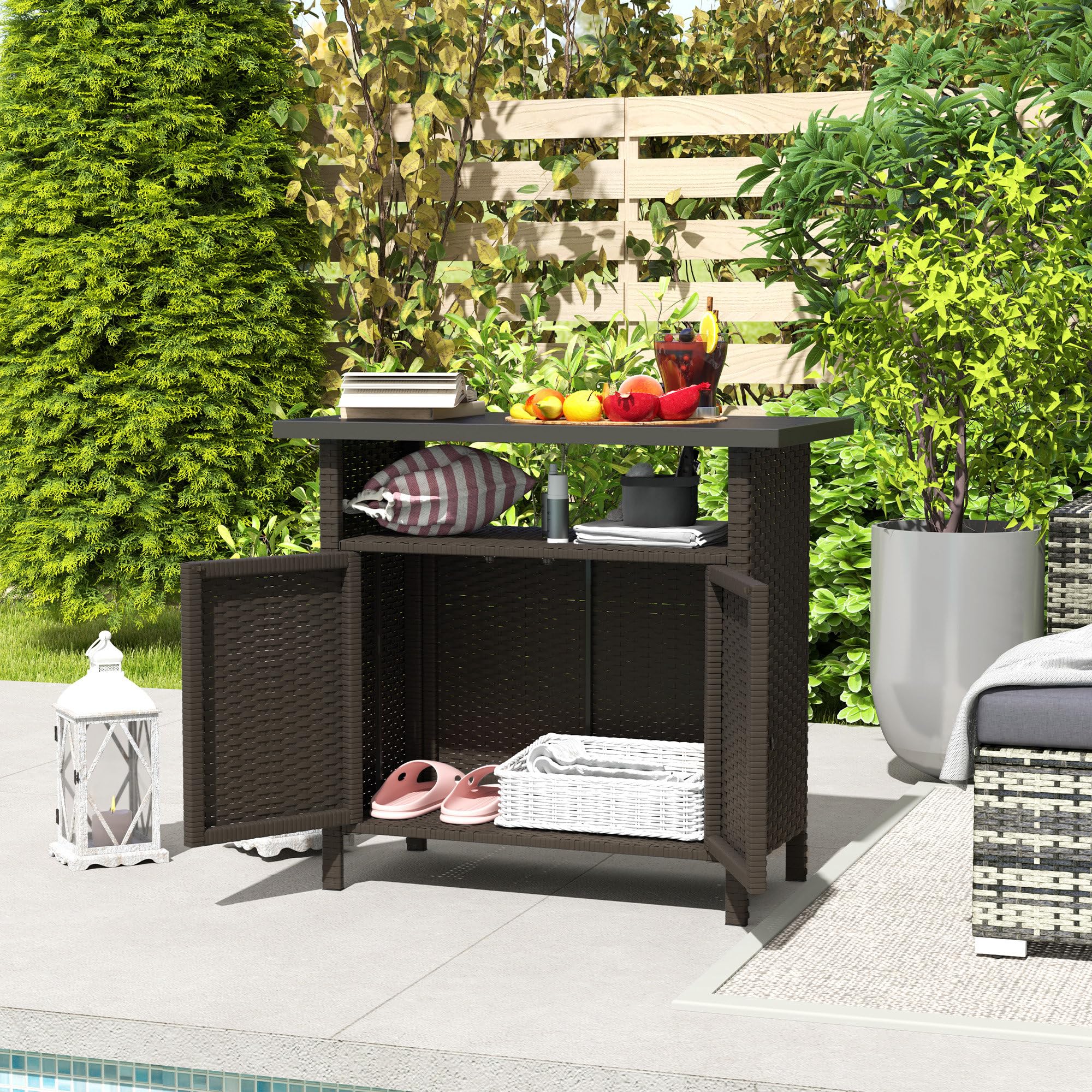 Outsunny Wicker Outdoor Storage Cabinet, Rattan Bar Table with 2 Doors and Shelf, Buffet Sideboard with Metal Slatted Countertop for Poolside, Patio, Backyard, Dark Coffee