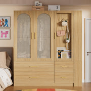 3-Door Rattan Wardrobe Closet with Mirror & Drawers