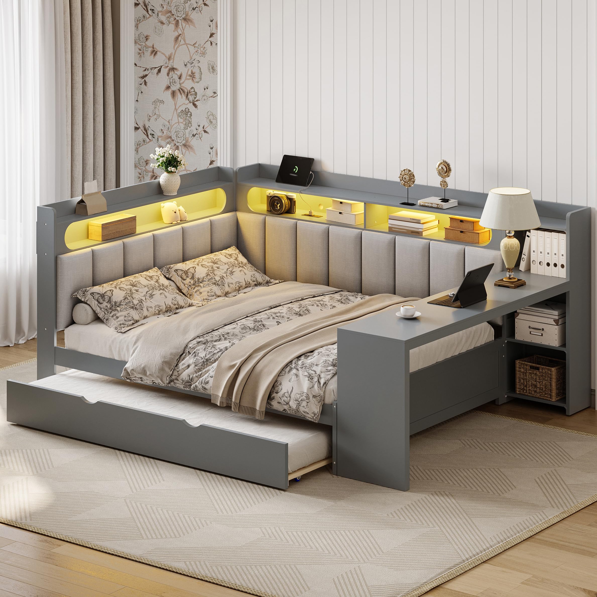 Merax Full Size Daybed with Storage Shelves and Trundle, Wooden Corner Bed with Charging Station, LED Light, Desk, Upholstered Headboard and Backrest, No Spring Box Need