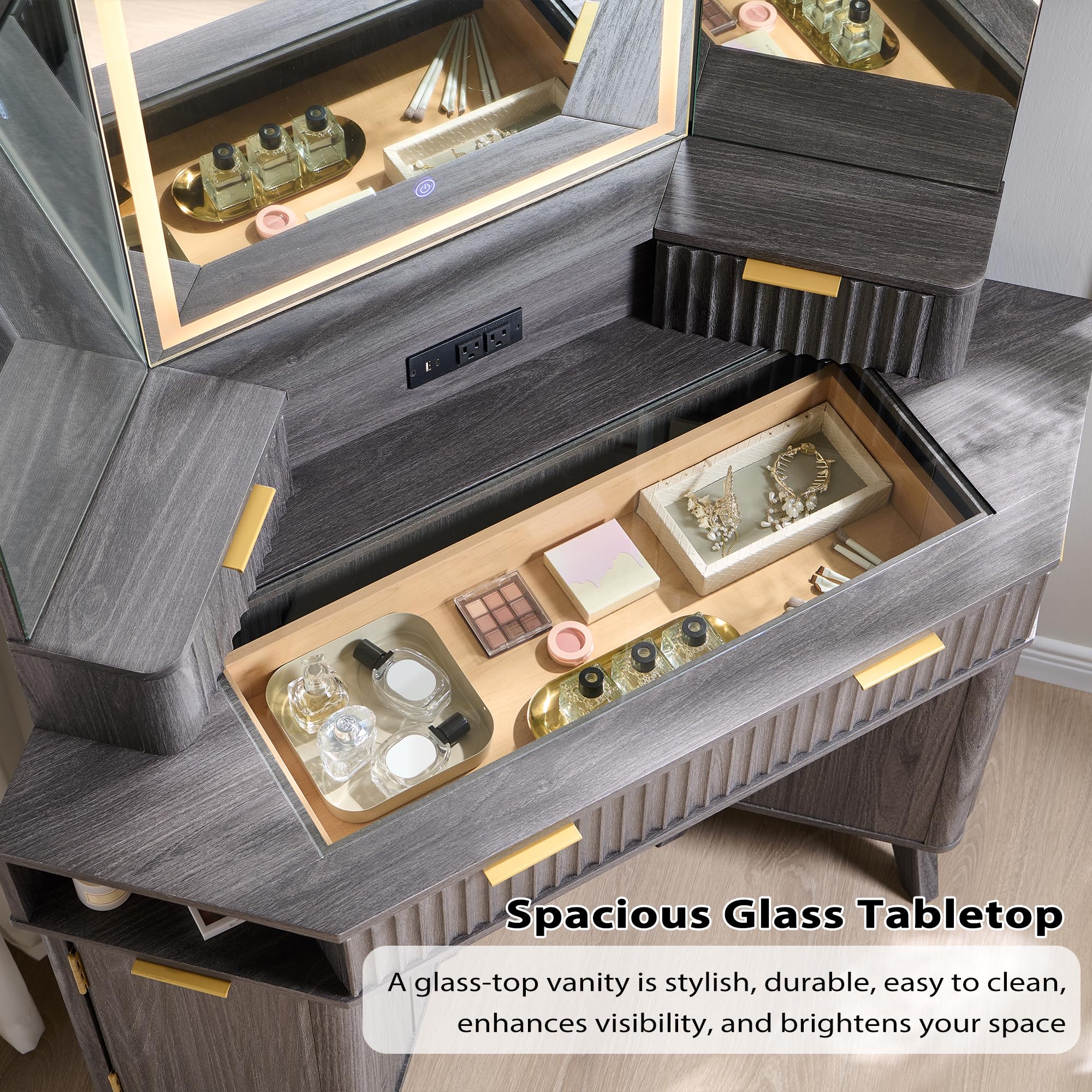 T4TREAM Fluted Makeup Vanity Desk with 3 Way Mirror and Lights, 48" Large Corner Vanity Table with Glass Top, Charging Station, 3 Drawers, Storage Cabinets & Shelves, for Bedroom, Dark Alder